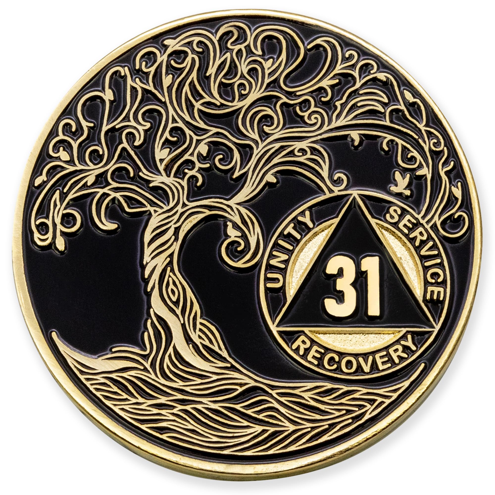 1 to 50 Year Twisted Tree of Life Sobriety Coin - Gold Plated AA Chips &amp; Medallions - 31 Year Sobriety Coin - Black