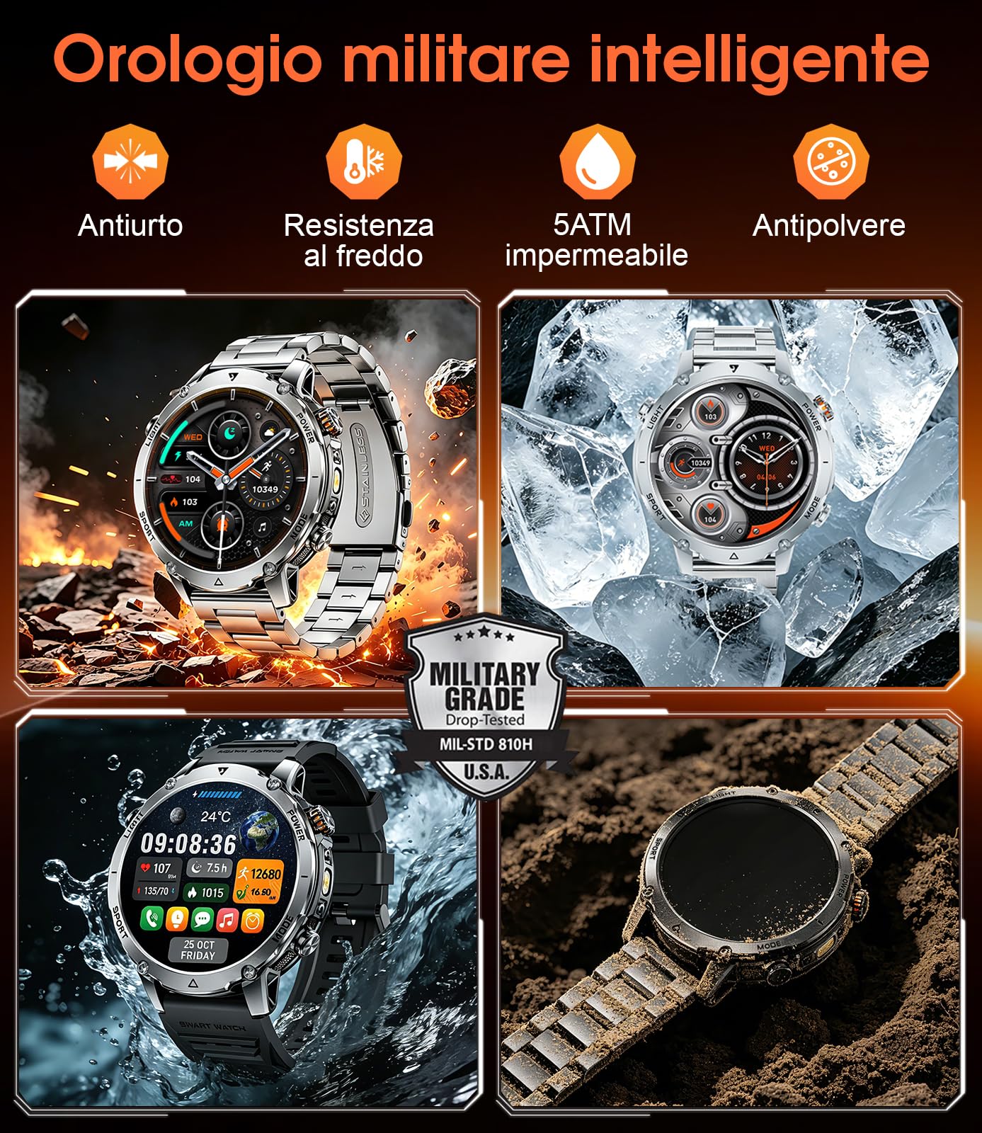 LIGE Smartwatch Uomo 1400mAh Batteria Lunga,1.7" Smart Watch Militare con Torcia LED,Chiamata Bluetooth,120+ Sport,5ATM Impermeabile,Frequenza Cardiaca,Android iOS,2 Caricabatterie, EF26-D