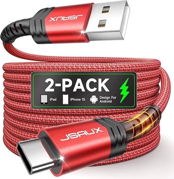 JSAUX USB C Cable [2-Pack 6.6ft], USB A to USB Cord Fast Charging for iPhone 17, iPhone Air, iPhone 17 Pro, iPhone 17 Pro Max, iPhone 16/iPhone 15 Series, Samsung S20 S10, Note 20 10, Car Play - Red
