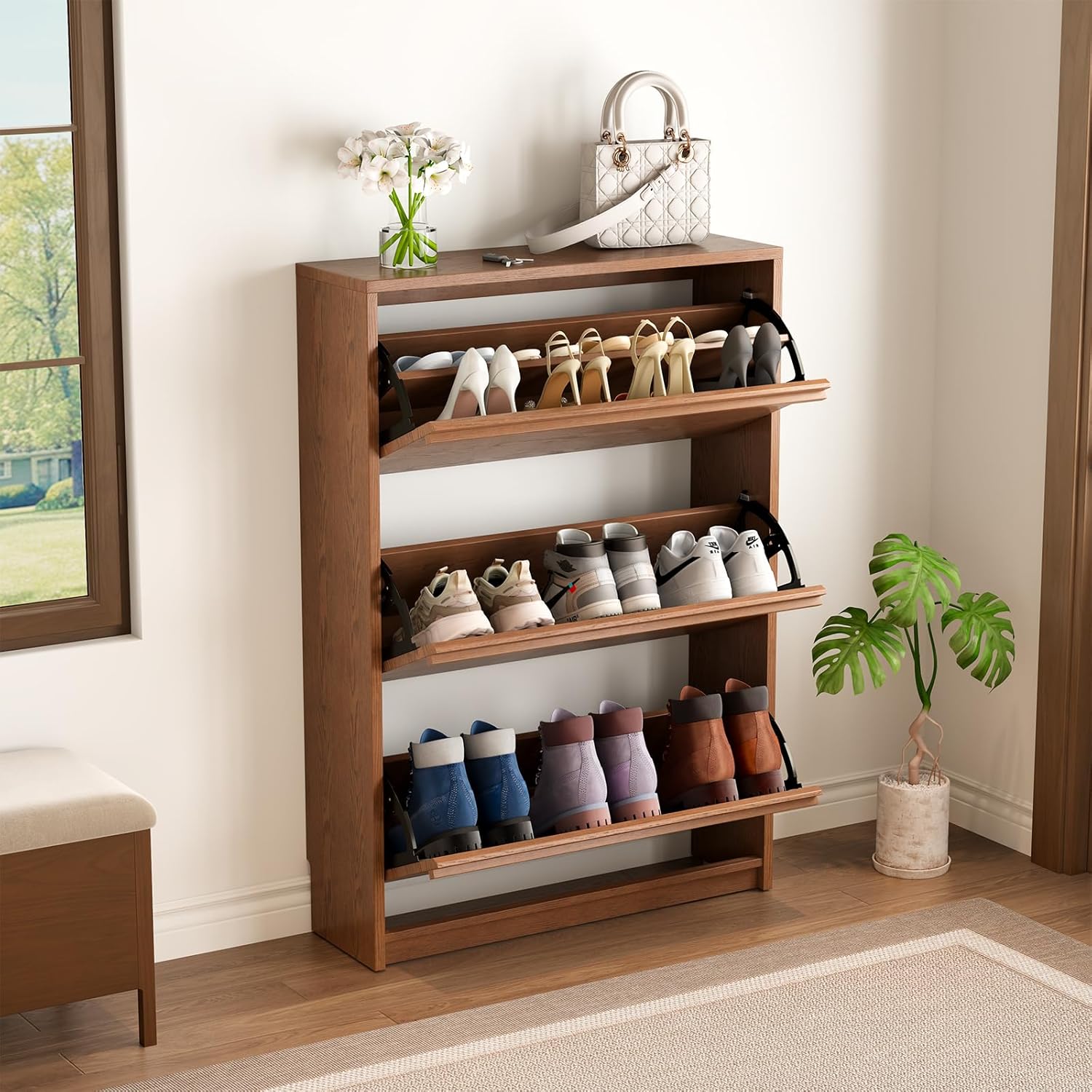 3-drawer pull-out solid wood shoe cabinet, concealed wooden shoe cabinet, slim shoe storage cabinet，freestanding hallway shoe cabinet. Suitable for hallways, living rooms, bedrooms walk-in closets