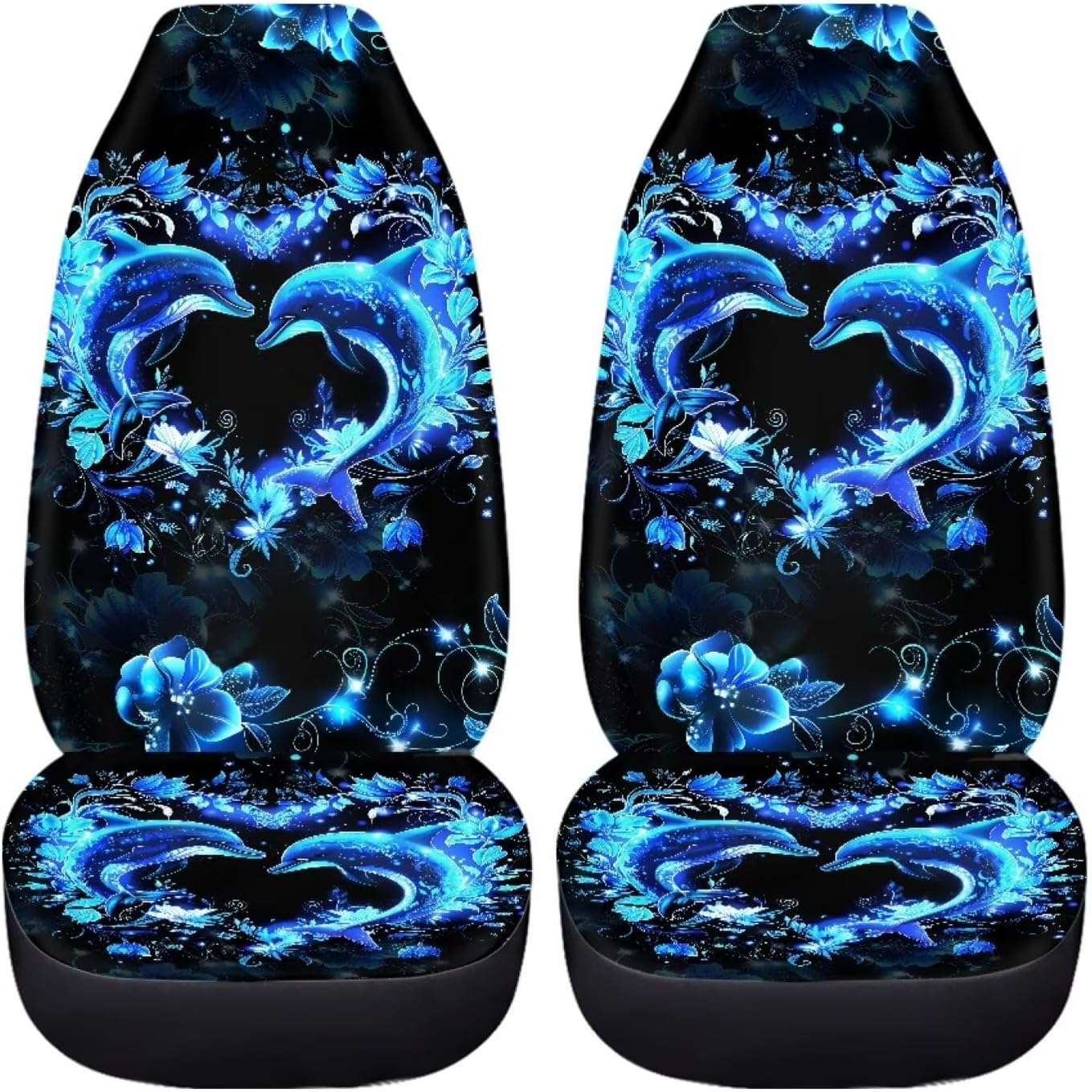 BIGCARJOB Neon Dolphin Car Seat Cover Set of 2 Pcs - Cute Dolphin Print Auto Interior Accessories, Vehicle Bucket Seat Protector, Front Seat Cushion Pads, Universal Fit
