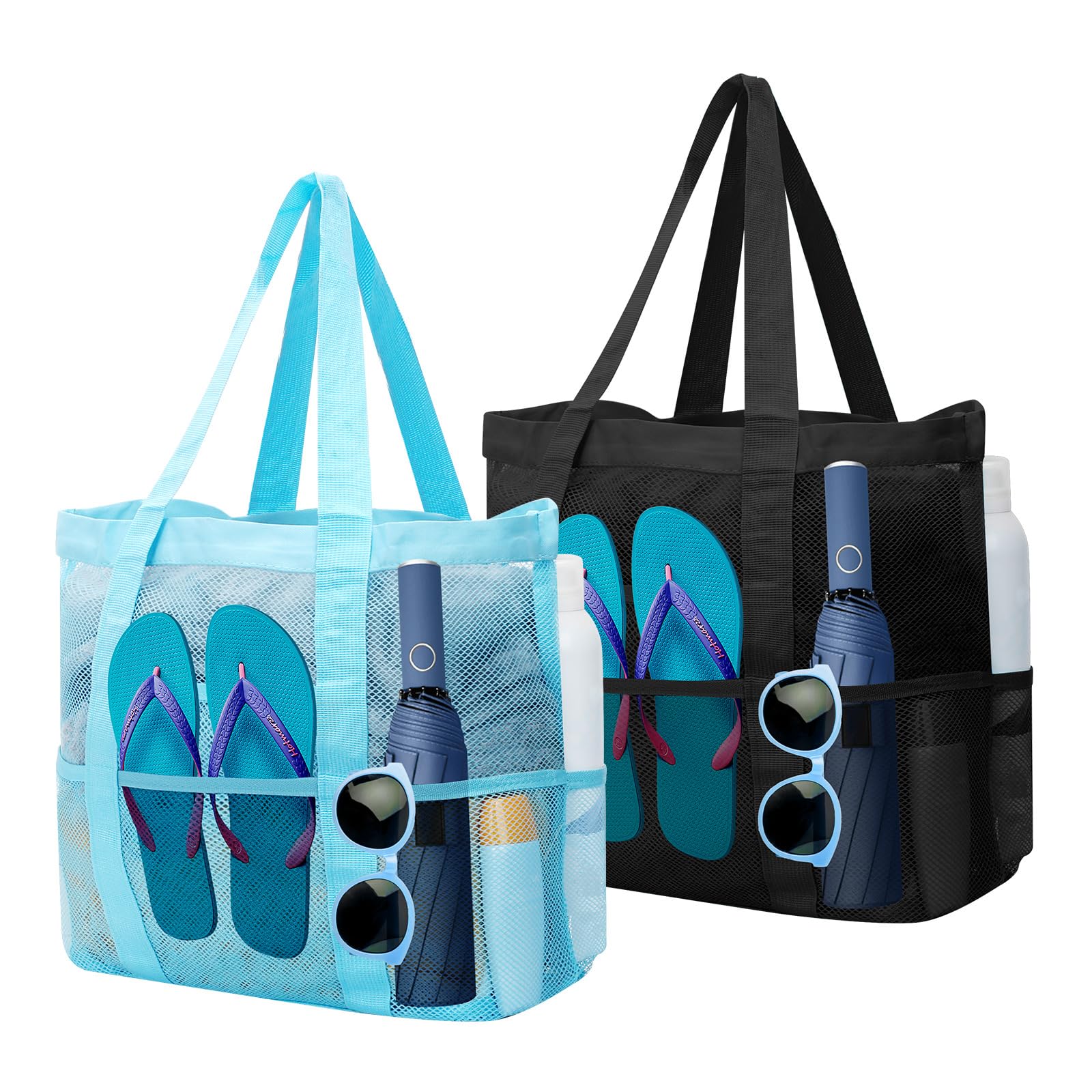 2 bolsas grandes de playa para mujer con cremallera, 8 bolsillos, bolsa de baño, reutilizable, para viajes, playa, compras, picnic y uso diario (negro + azul), negro y azul.