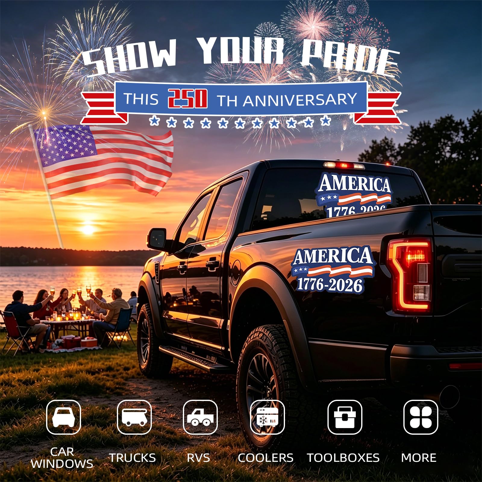 Confezione da 2 adesivi per il 250° anniversario dell'indipendenza – 1776-2026 adesivi in vinile con bandiera USA patriottica, adesivi impermeabili per esterni, per finestrini auto, camion e laptop