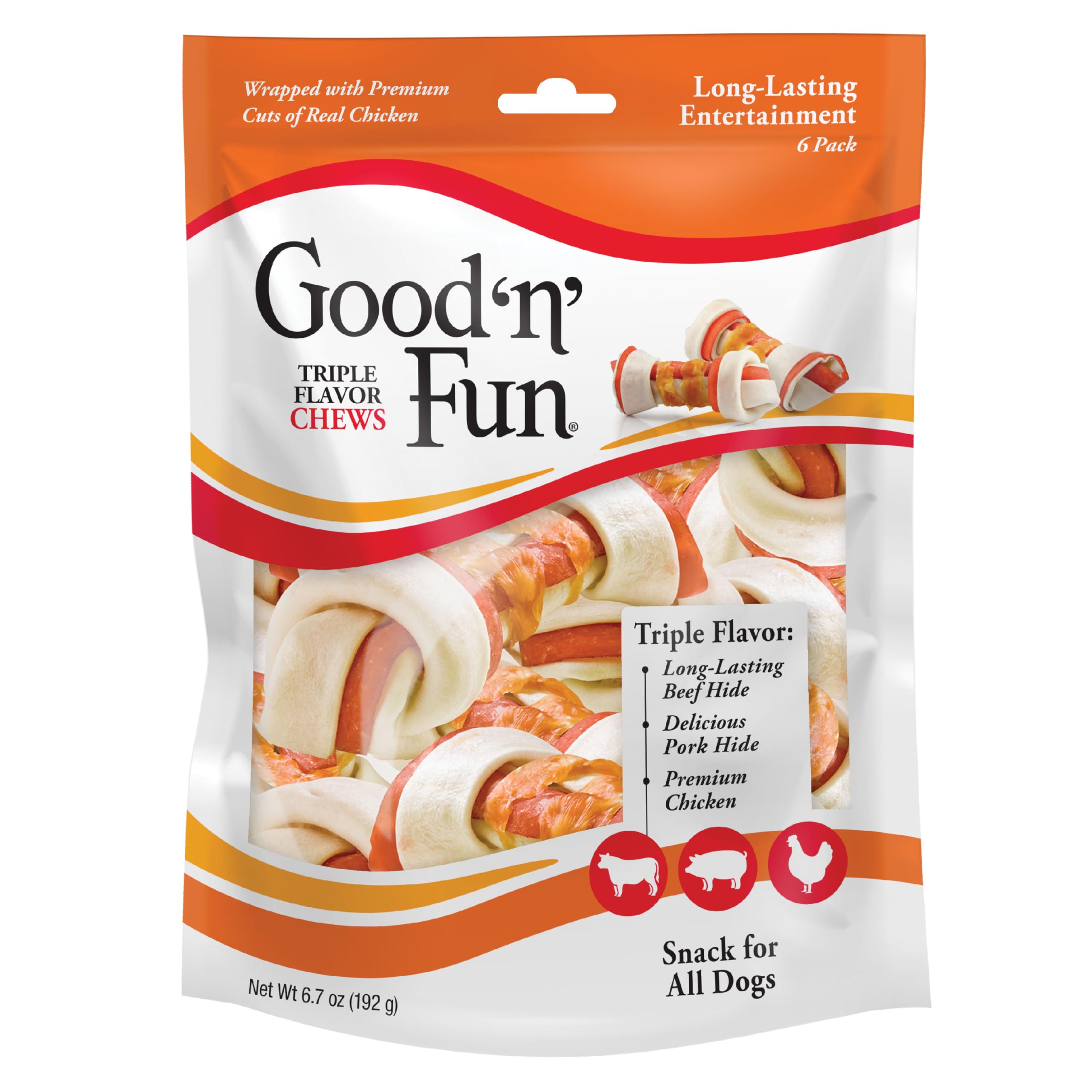 Good 'N' Fun Triple Flavor Chews, Treat Your Dog to Long Lasting Rawhide Snack, 6 pack