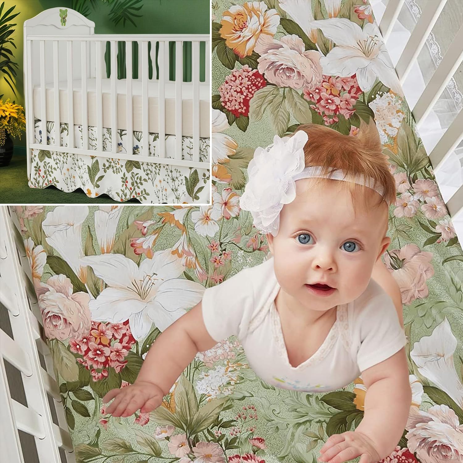 Brandream Crib Sheet & Crib Bed Skirt 100% Cotton Lilium Rose Floral Scallop Edge Botanical Farmhouse Chic Boho Crib Bedding Set