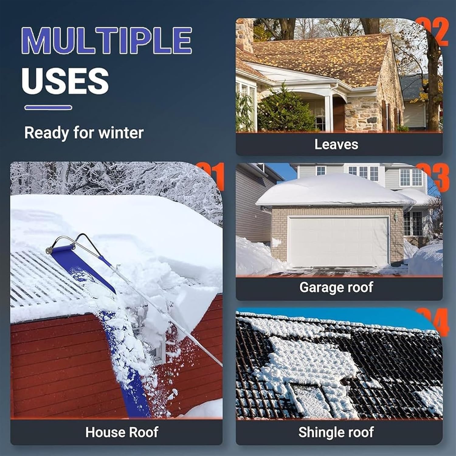Snow Shovels 21 Feet Snow Roof Rake, Roof Snow Rake Removal Tool with Snow Slide & Telescoping Pole, with 3-Inch Hub, Anti-Slip Handle, for Pitched Roof, Asphalt Shingle Roof