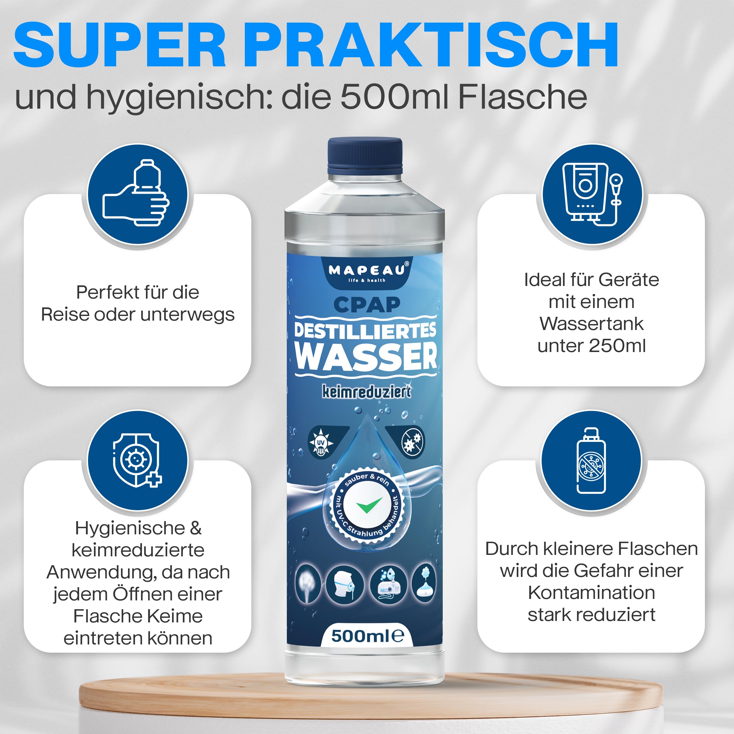 Mapeau CPAP destilliertes Wasser für CPAP-Geräte, Wasser für Sauerstoffgerät, Inhalator, Luftbefeuchter, Atemgas-Befeuchtung (5x 500ml)