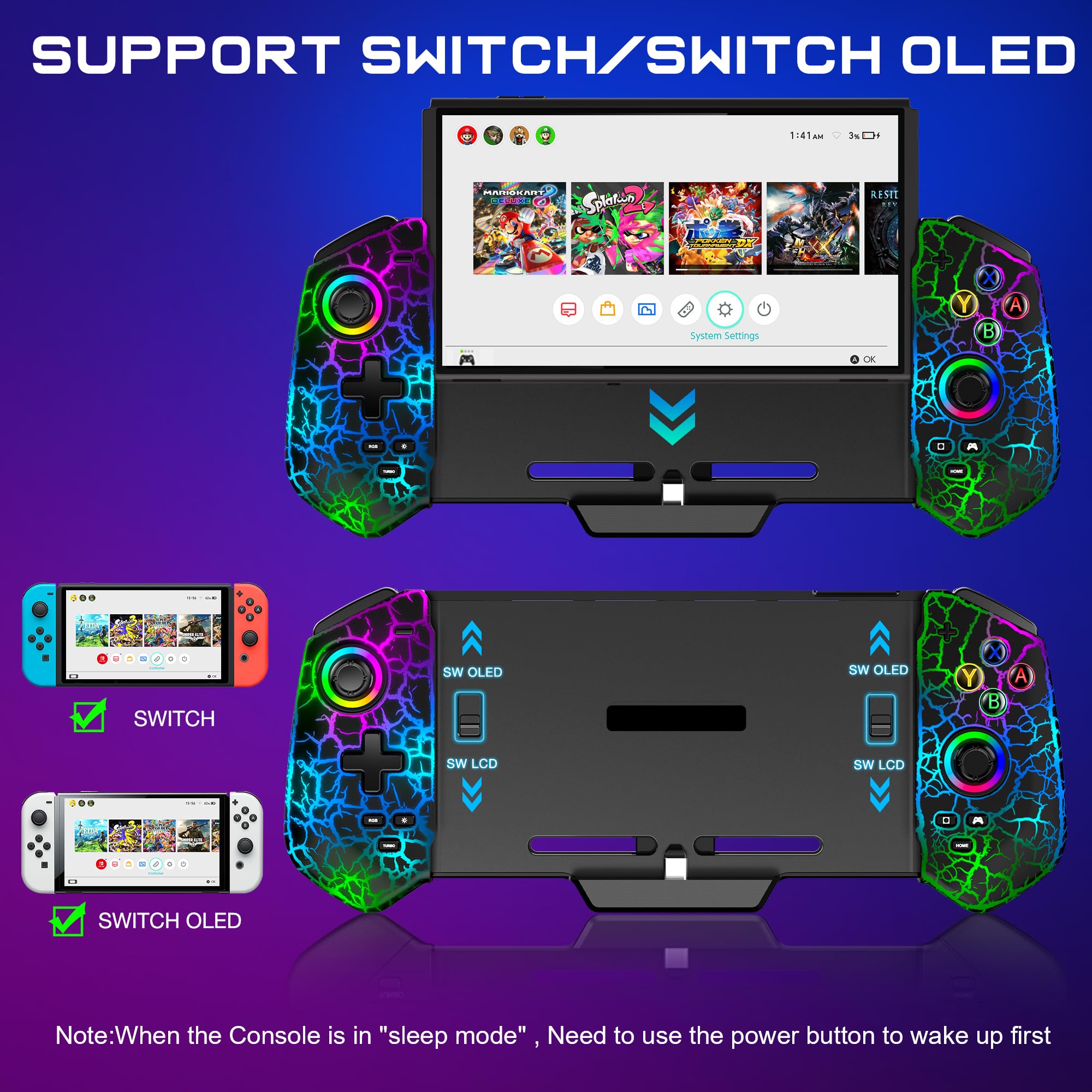 HELLCOOL Hall-Effekt Switch Controller, Plug&Play Handheld Switch Controller für Switch/OLED Konsole, Präzise Joystick, Cooles RGB-Licht Look, 4xSpiele Karten Slots