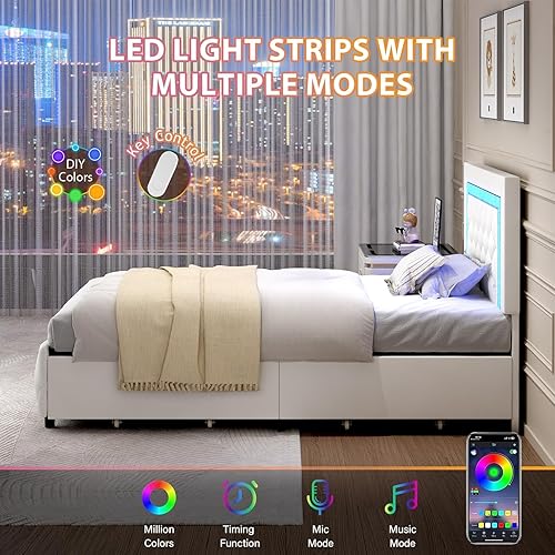 Miniatura 5 de BarnFurin Marcos de Cama Individual con Cajones de Almacenamiento y Luces LED, Cama Tapizada con Cabecera Capitonada con Cristales, Cama de