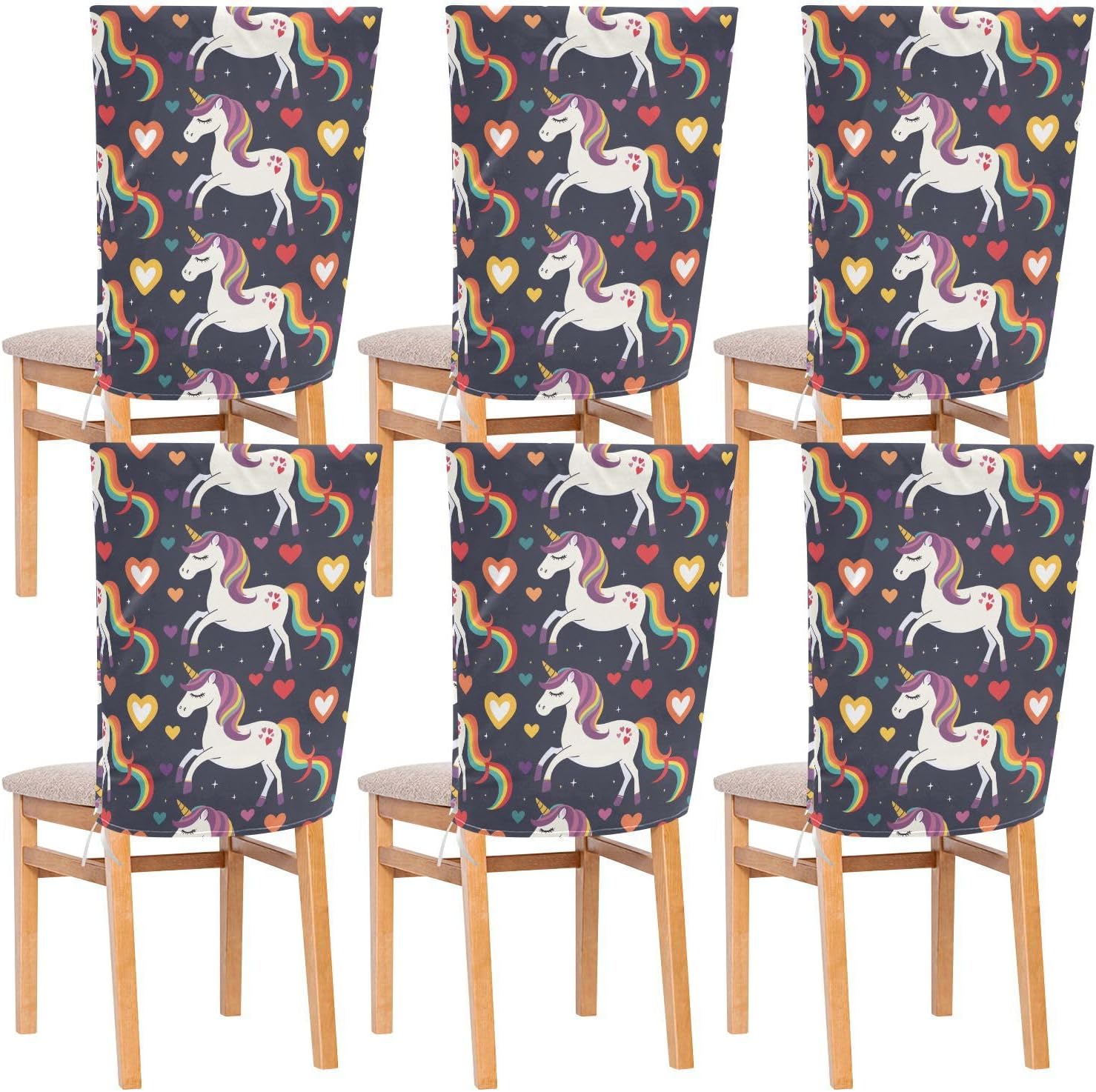 ALAZA Unicorn Rainbow Hearts Chair Back Cover Set of 6, Washable Reusable Removable Chair Slipcovers Decorative Chair Cover for Home Kitchen Wedding Party