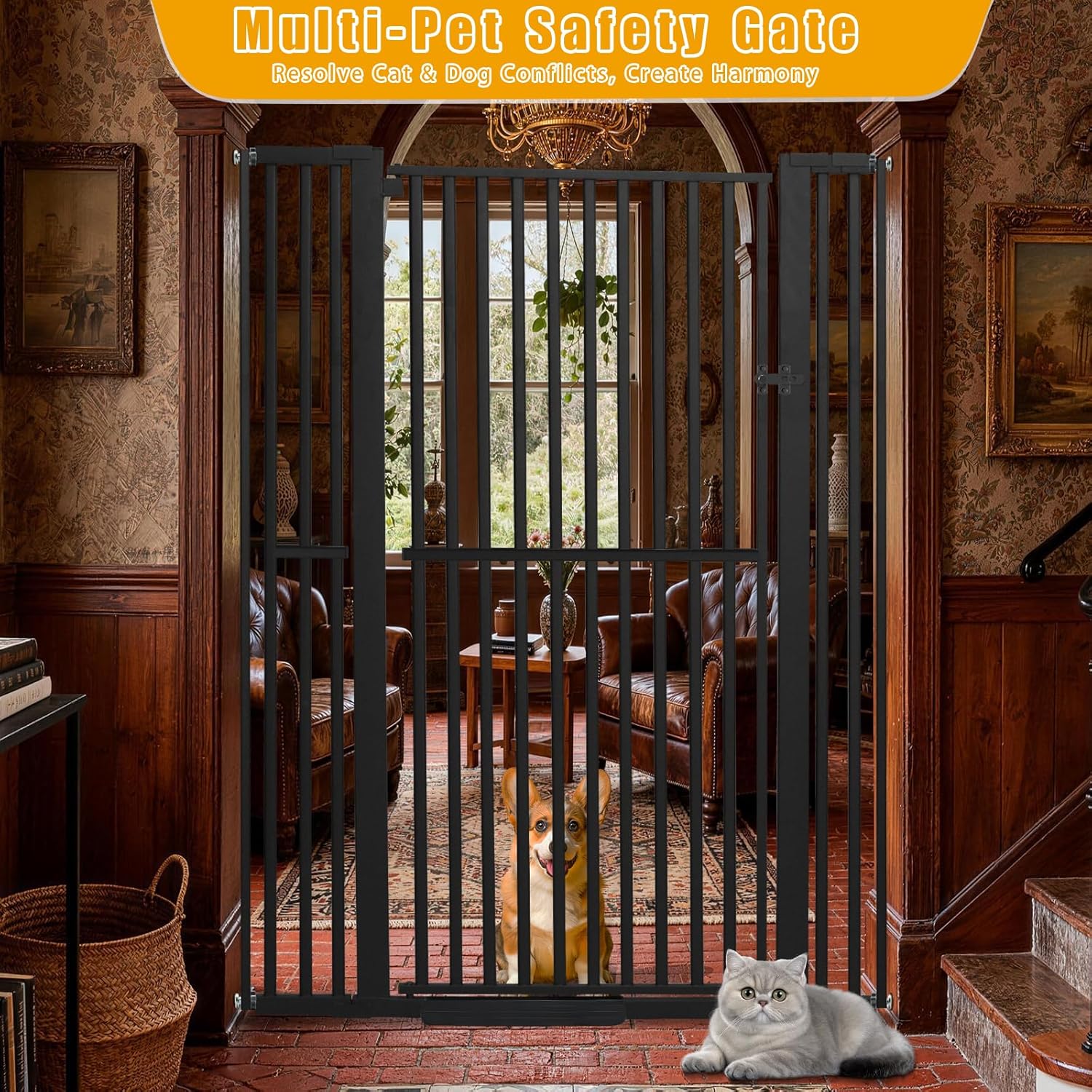 71 inch Extra Tall Pet Gate, Extra Wide 29.92"- 43" Adjustable Dog Gates, Pressure Mounted Walk Through Swing Safety Tall Cat Gate for Doorways, Stairs, Kitchen(Black)