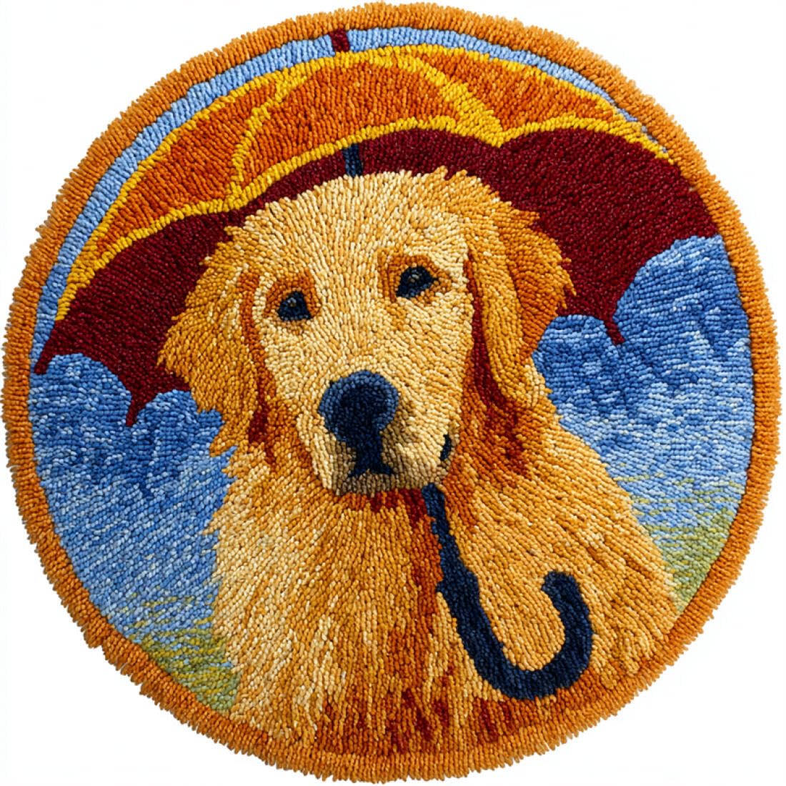 Rqwybcaxn DIY Rug Latch Hook Kits for Teens Animal Needlework Kit A Dog with an Umbrella 80x80cm Round Tapestry with Crochet Hook Study Craft Gift