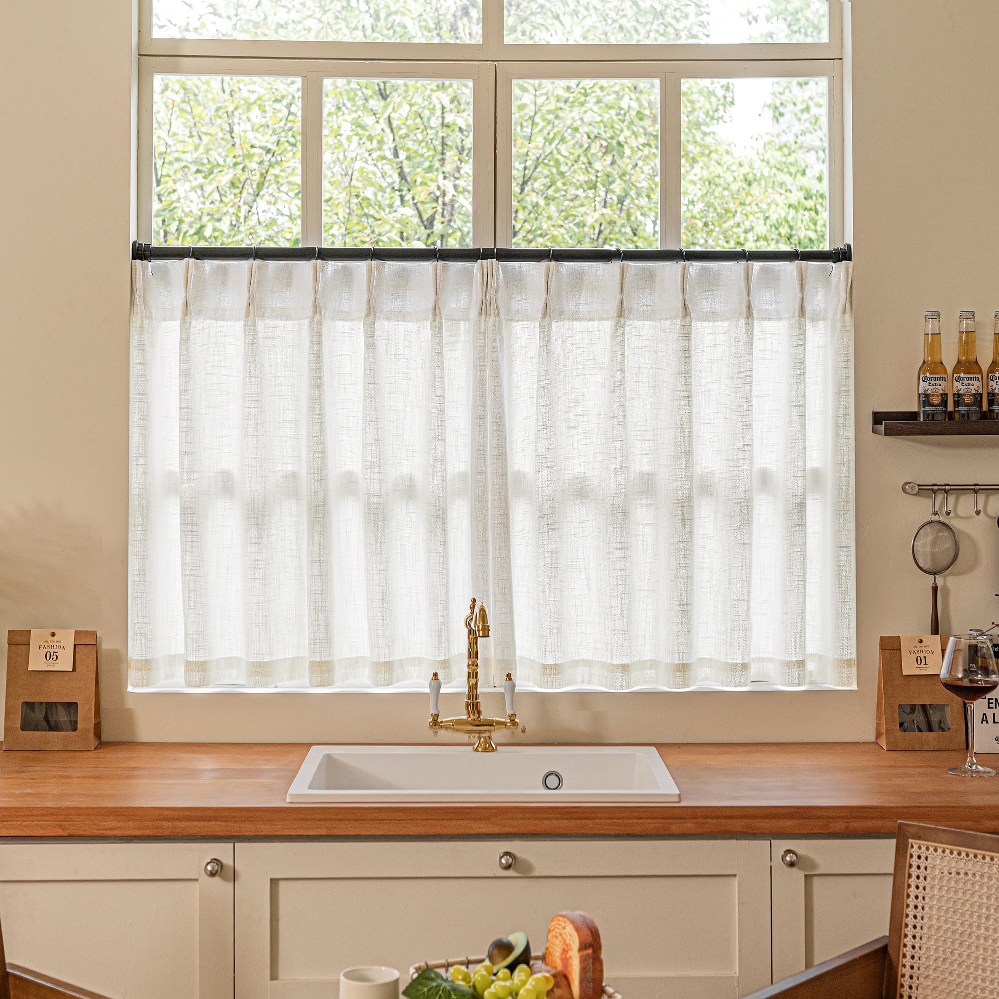 TWODRAPES Cream Ivory Linen Pleated Light Filtering Curtains 30 Inch Length — image 1