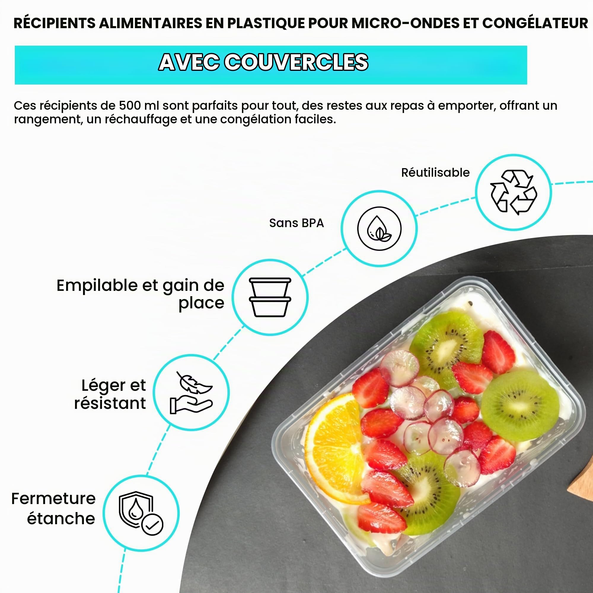 We Can Source It Ltd - Plastique Transparent Qualité Conteneurs Rectangulaire Tubes avec Couvercles Micro-Ondes Alimentaire Repas A Emporter - 500ml