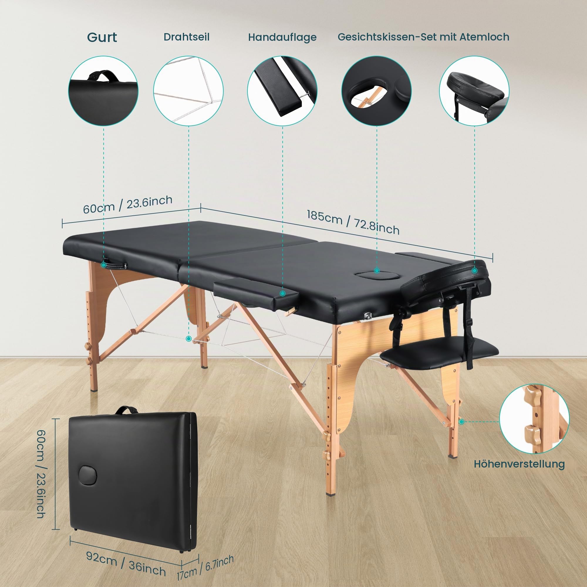 BODIOO Massageliege klappbar Mobile Massagetisch mit Holzfüßen 2-Zonen höhenverstellbar Tragebares Massagebett inkl. Kopfstütze & Armlehnen bis 250 kg Belastbar-Schwarz