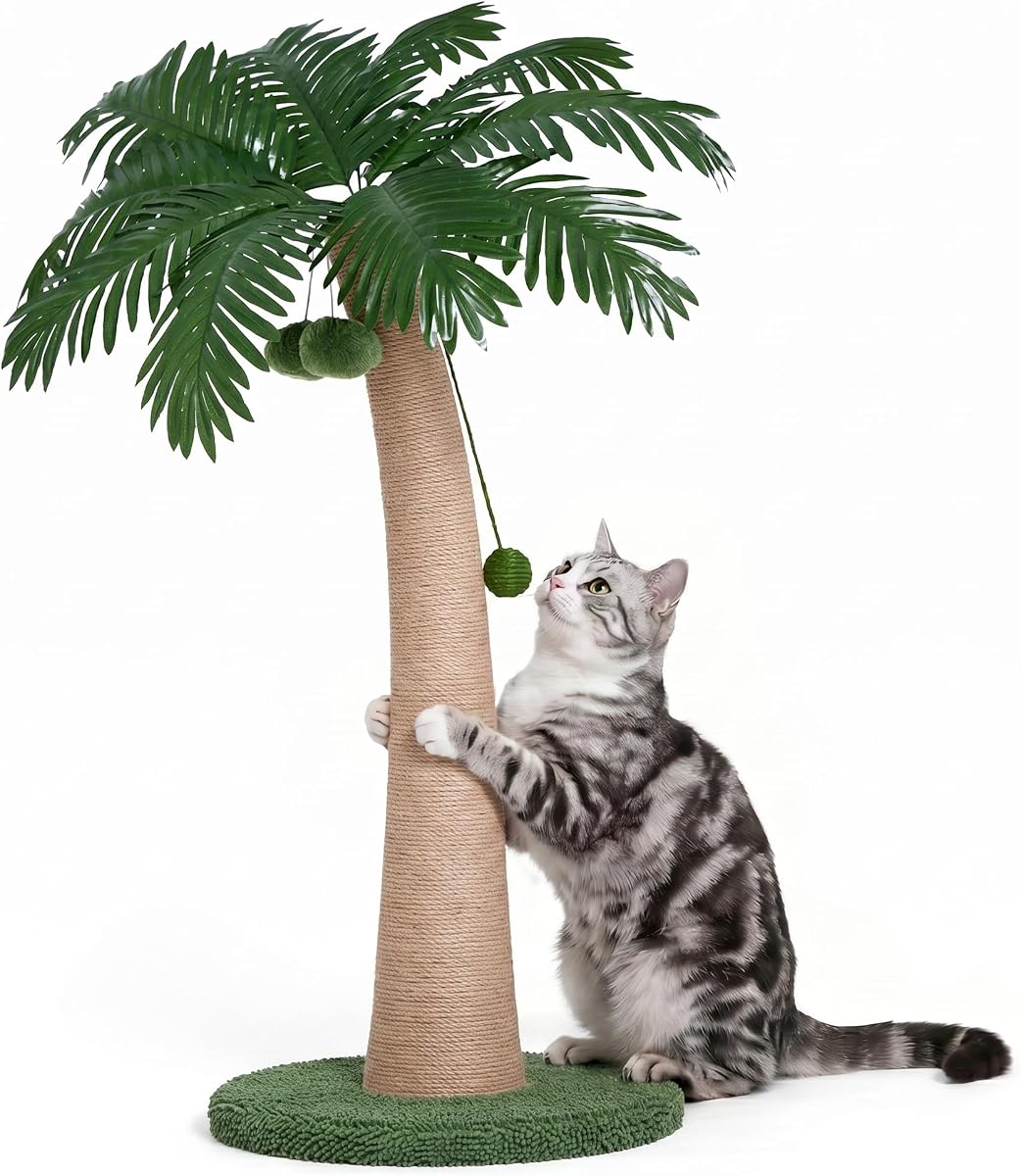43 Inch Tall Cat Scratching Post for Indoor Large Cats, Natural Sisal Scratch Post with Hanging Toys, Stable Base Cat Scratcher for Kittens & Adult Cats, Tropical Cat Tree Furniture