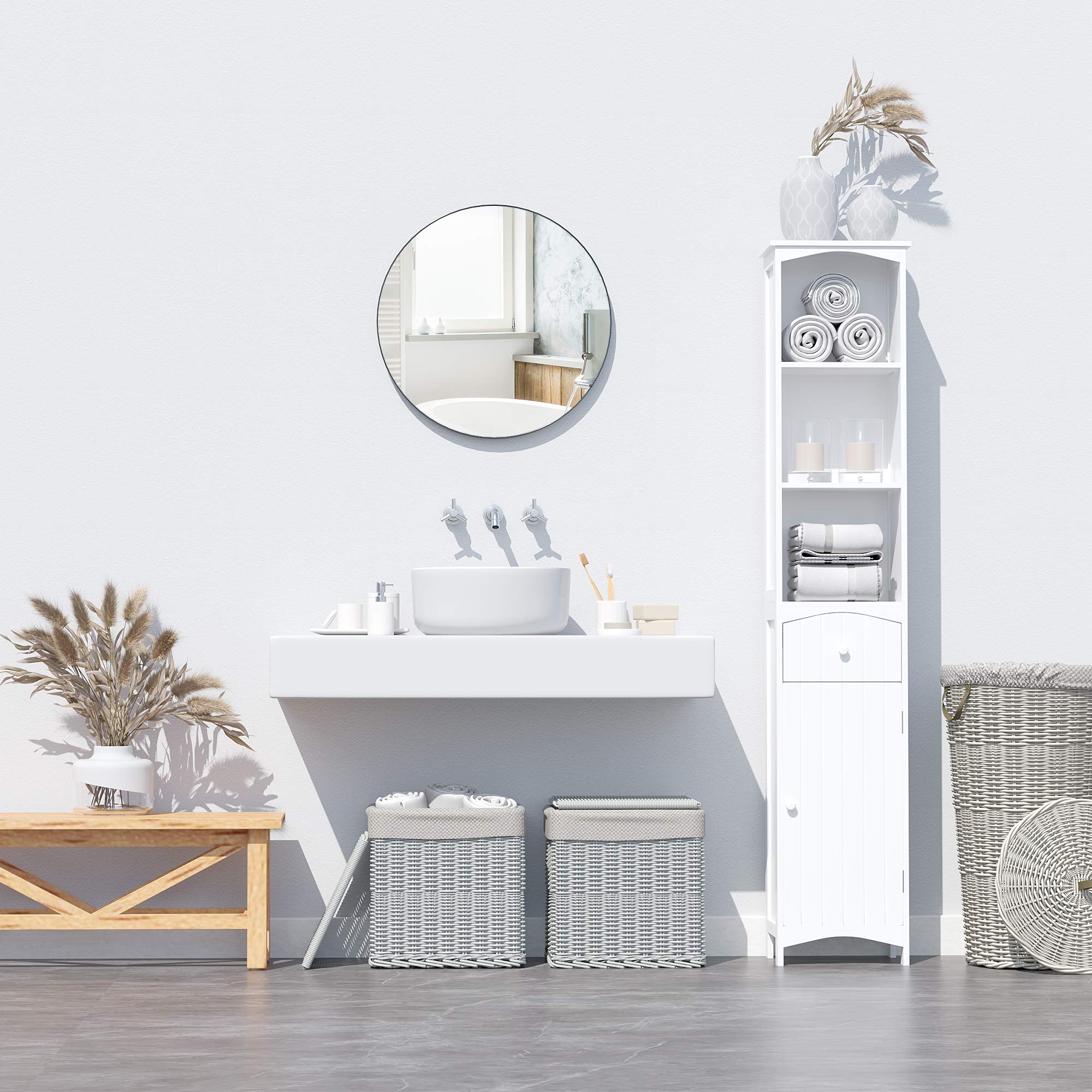HOMCOM Armario Alto de Baño Estrecho 1 Cajón Moderno 34x24x170 cm Blanco | 3 Estantes Abiertos, Columna de Baño, para Salón, Aseo, Cocina