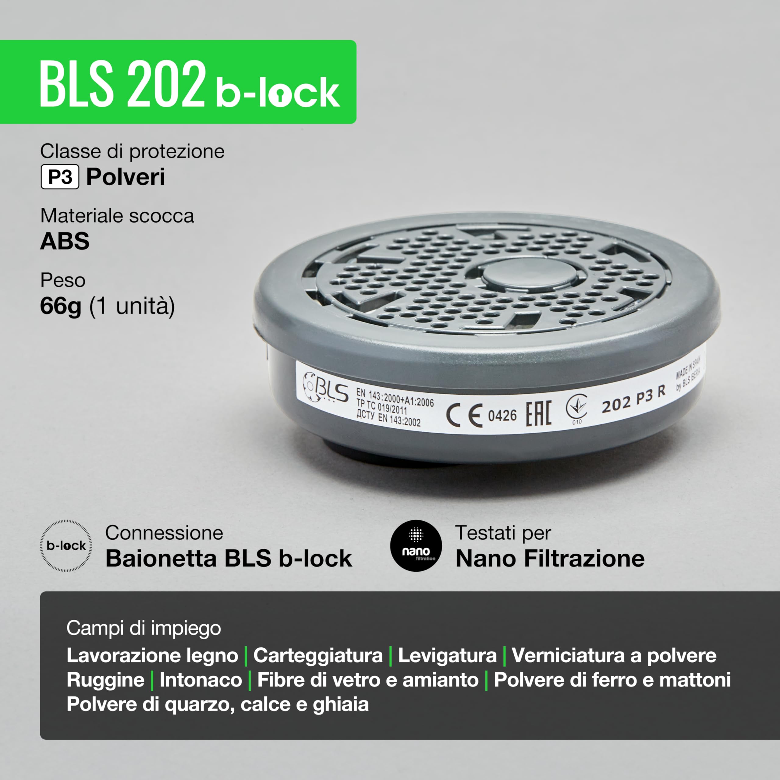 BLS 202 P3 R D Filtri Sostituibili con Attacco a Baionetta b-lock, Compatibili con Semimaschere e Maschere Intere BLS. Per Polveri, Falegnameria, Edilizia, Saldatura e Fai da Te