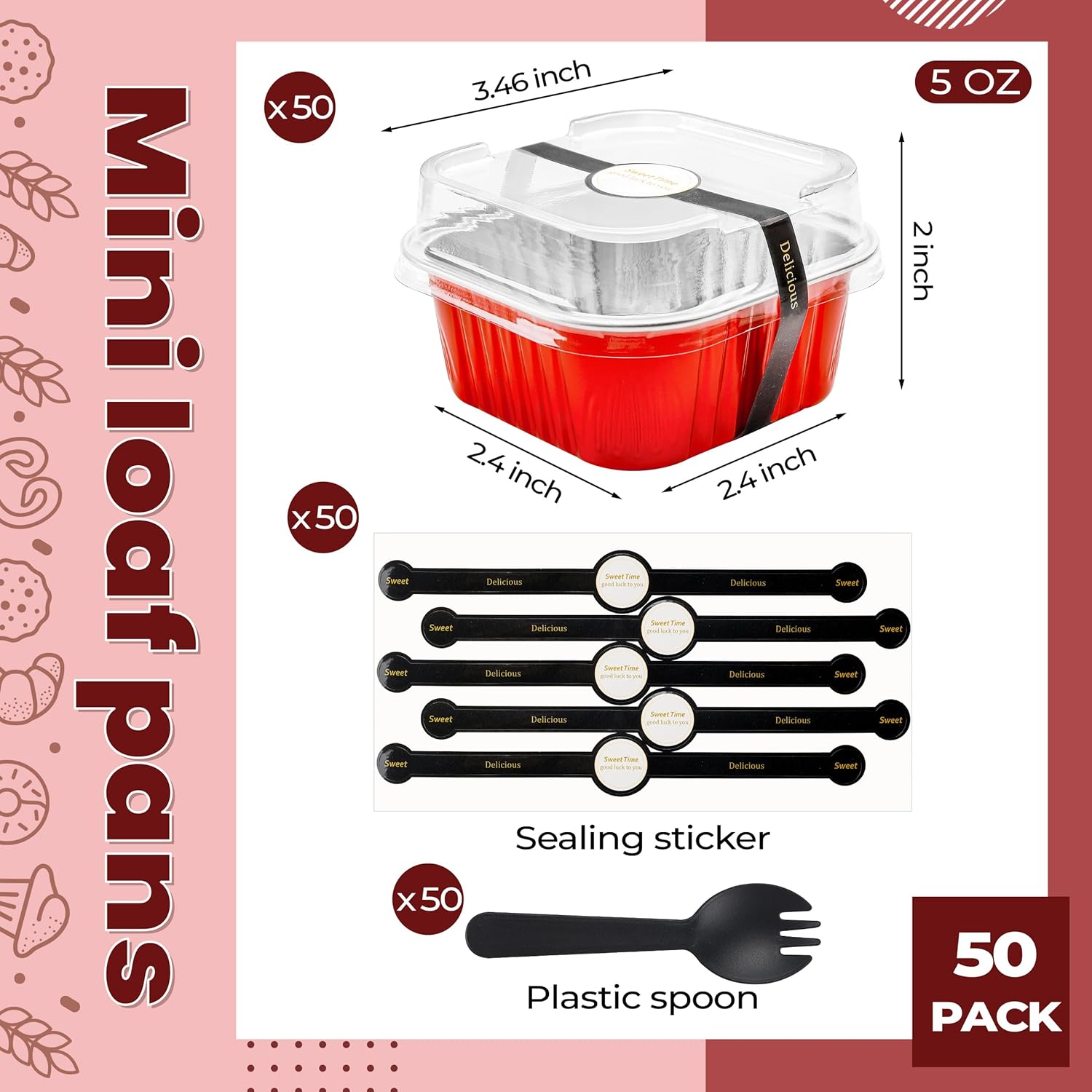 50 Pack Mini Cake Pans with Lids and Spoons Small Aluminum Foil Pans Square Baking Cups Disposable Ramekins Cupcake Liners for Brownie Pie (Red, 5 oz) - Image 3