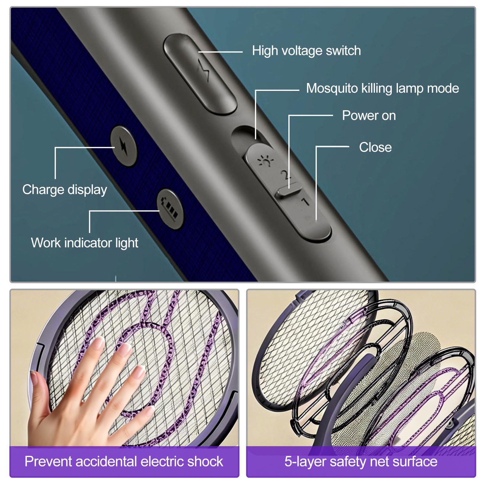 Tapette à Mouches électrique, Tête Rotative Rechargeable, Piège à Mouches électrique avec Rallonge Télescopique Répulsif anti-Moustiques 2 en 1, Tapette à Mouches Rechargeable USB pour Chambre Cuisine