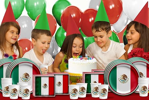 Miniatura 7 de Juego de suministros para fiesta de cumpleaños de la bandera de México, platos, servilletas, vasos, kit de vajilla para 16