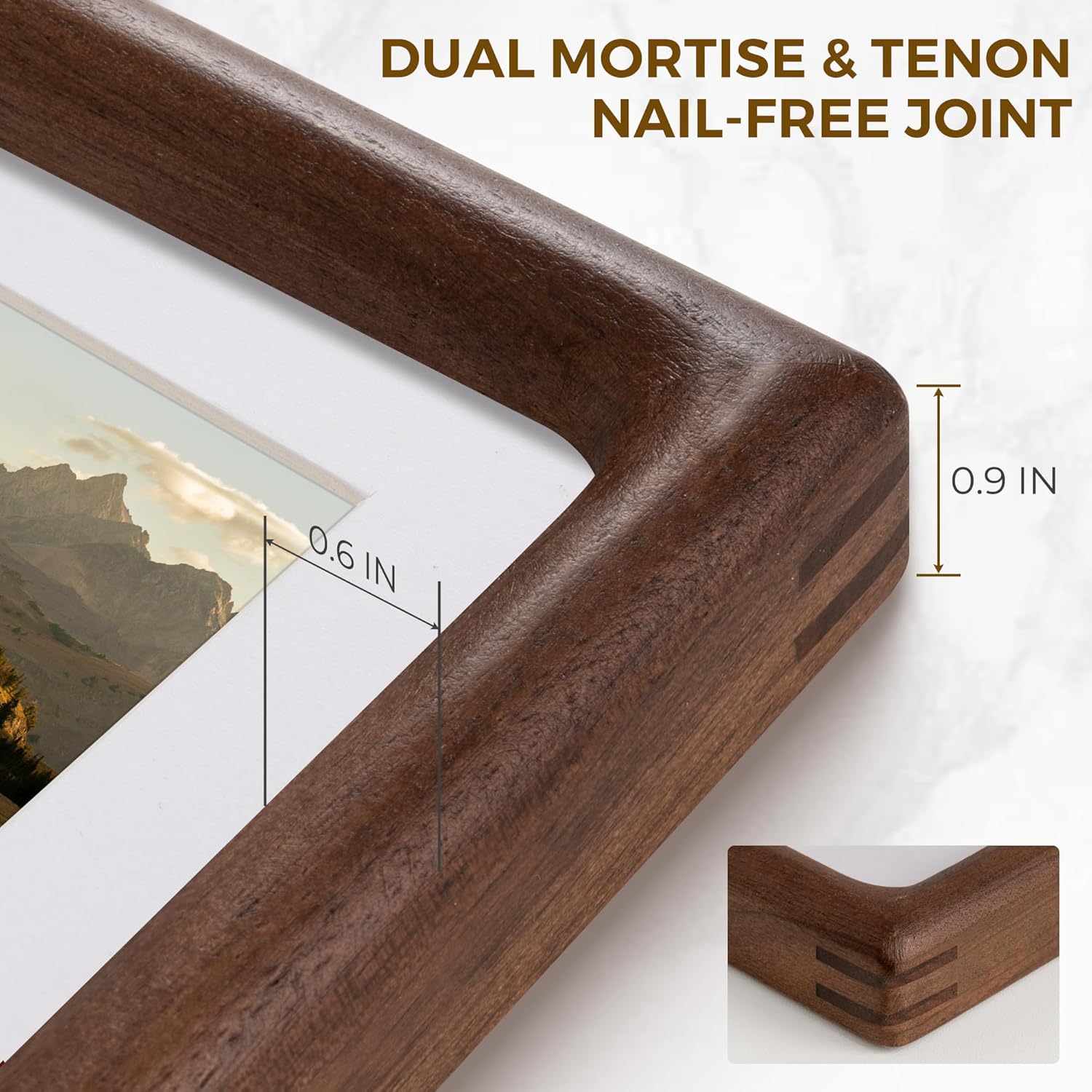 12x16 Solid Wood Picture Frame, Natural Walnut Wood Photo Frame with Tempered Glass, Mortise and Tenon Rounded Corner 12 x 16 Wooden Frame Matted to 6x8 Photos, Wall or Tabletop Display