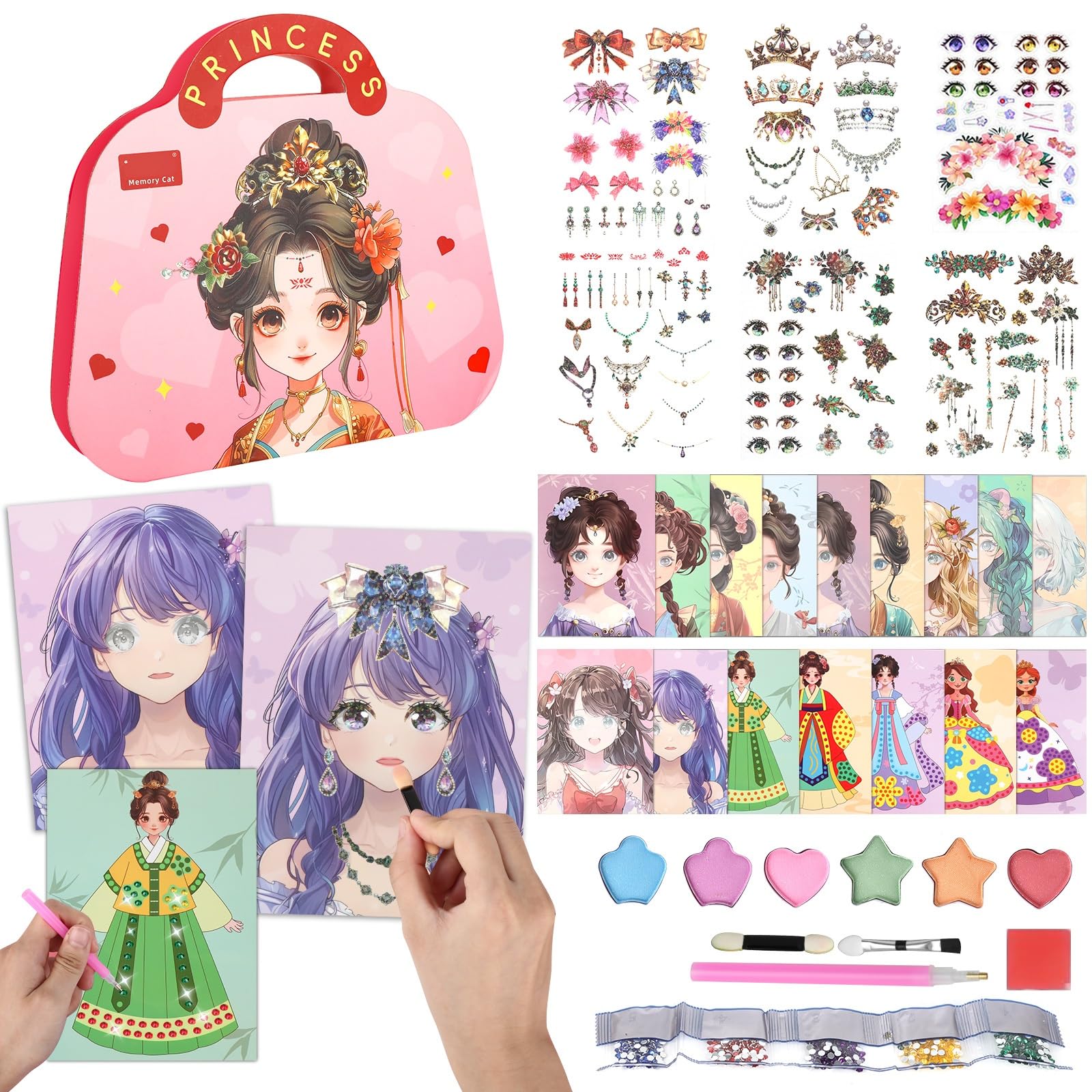 8 in 1 Arts and Crafts for Kids, Make Up on Paper DIY Girls Toys Kit with 17 Character Styles, Makeup Games, Diamond Painting, Fashion Princess Sticker, Kids Makeup Princess Stickers for Girls Age 3-8