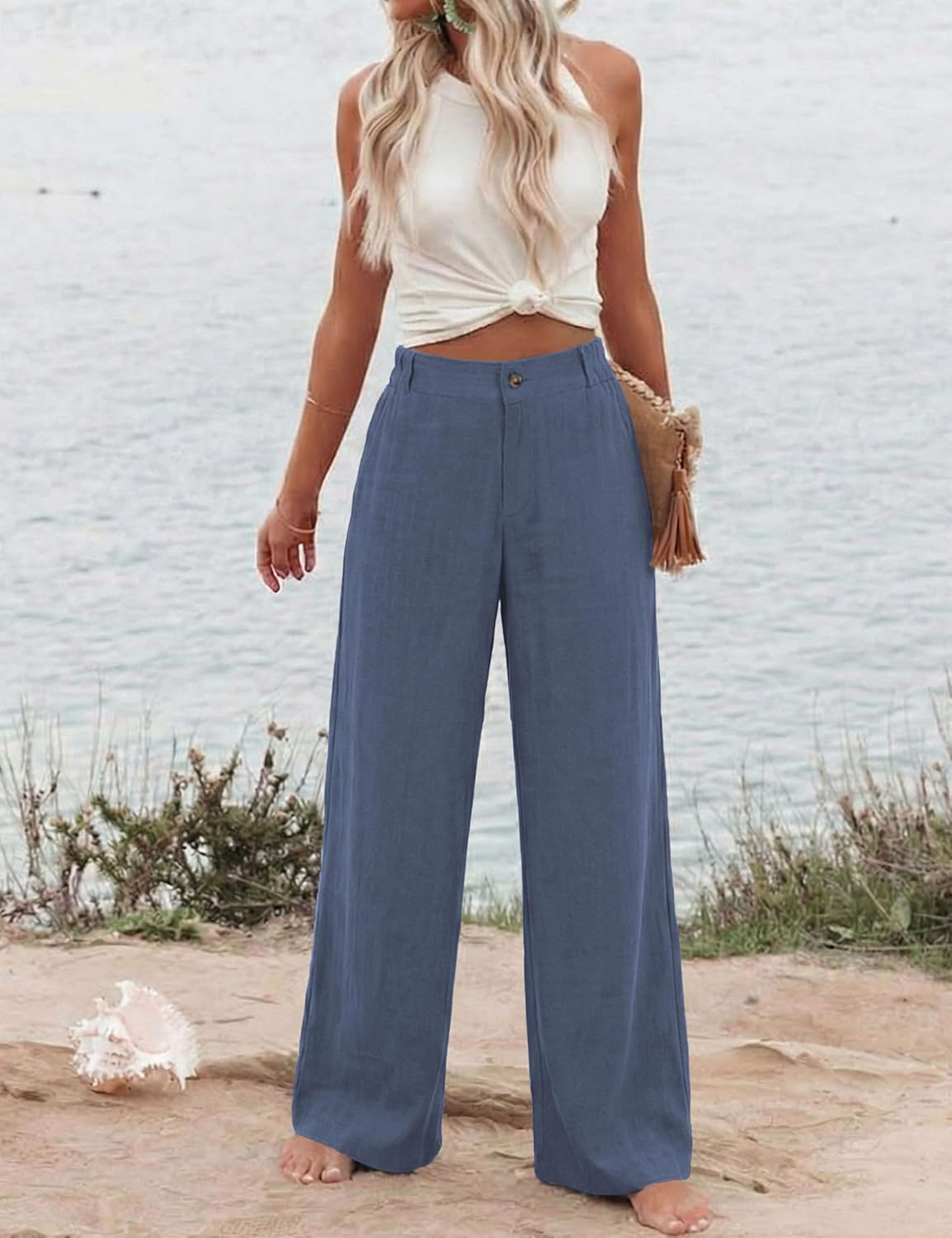 Hooever Womens Cotton Linen Pants Casual Button Up High Waisted Wide Leg Trousers - Image 3