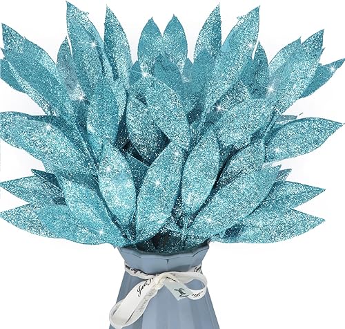 Miniatura 2 de 16 hojas artificiales con purpurina de 13.8 pulgadas, plantas falsas de ramas de flores, hojas de árbol de Navidad, rellenos en aerosoles para