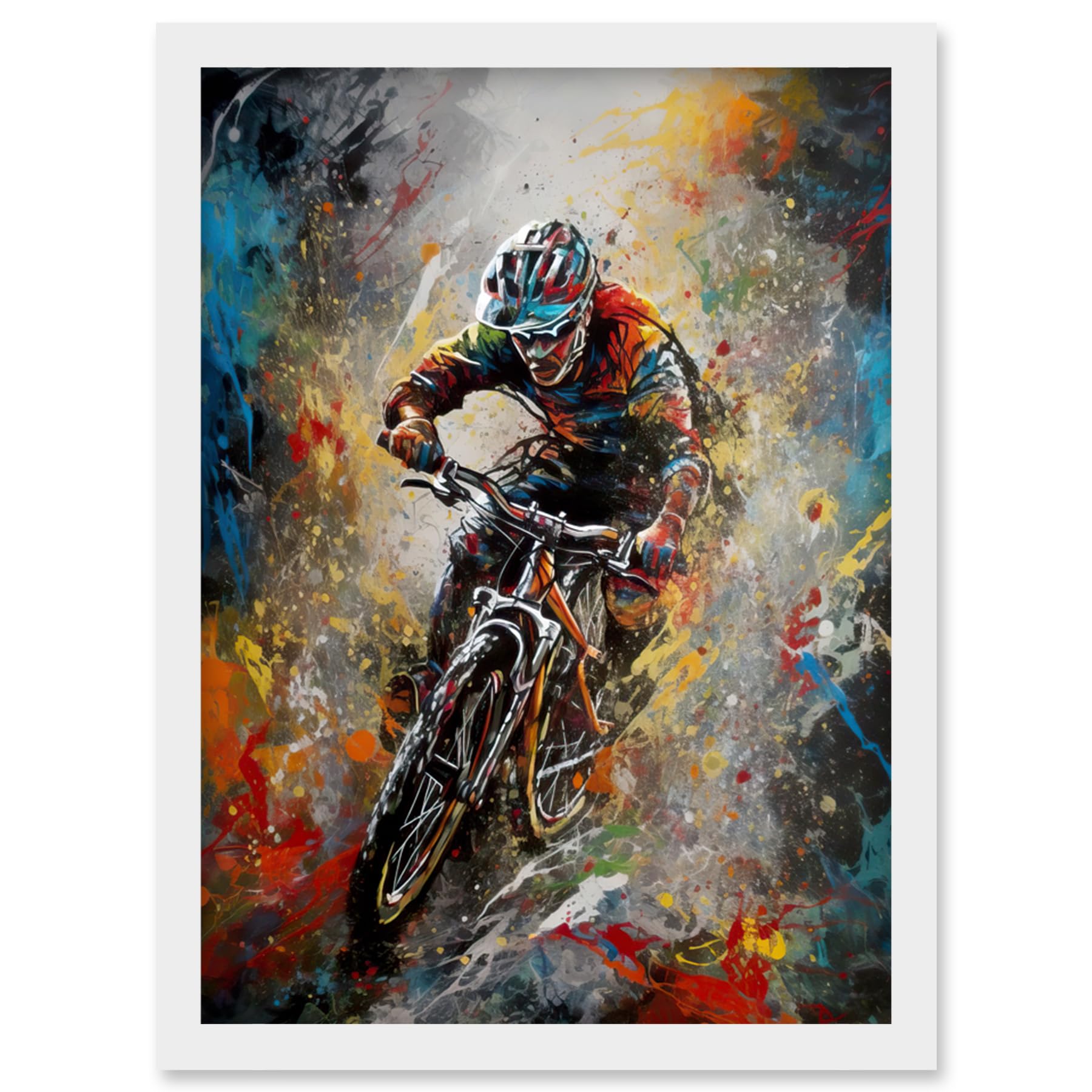 Mountain Biker Paint Splat Action Shot Framed Wall Art Print A4 - Artery8