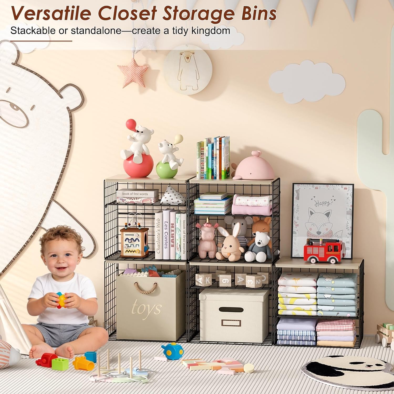 4-Tier Widened Closet Organizers and Storage, Extra Long Stackable Closet Shelf Organizer with Adjustable Dividers and Wood Top, Large Closet Storage Basket for Clothes, Jeans, Wardrobe Organization