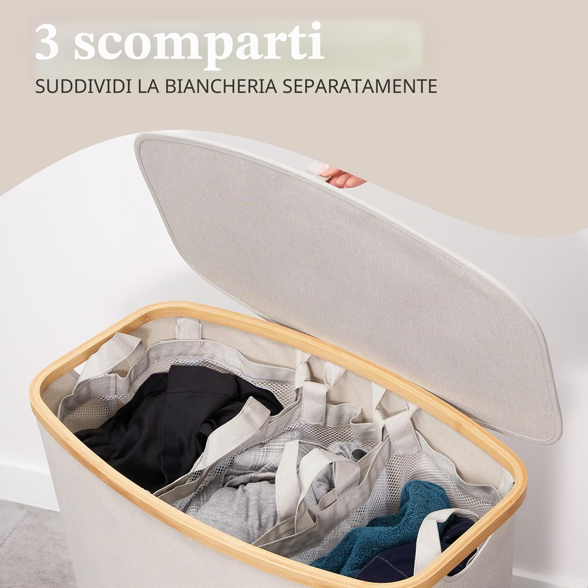 HENNEZ - Cesto Portabiancheria con Coperchio Grigio Chiaro/Beige 150L - 3 Scomparti - Cesta per Panni Sporchi in vimini - Cesta Porta Biancheria Sporca per Bagno - Cesto Portabiancheria Salvaspazi