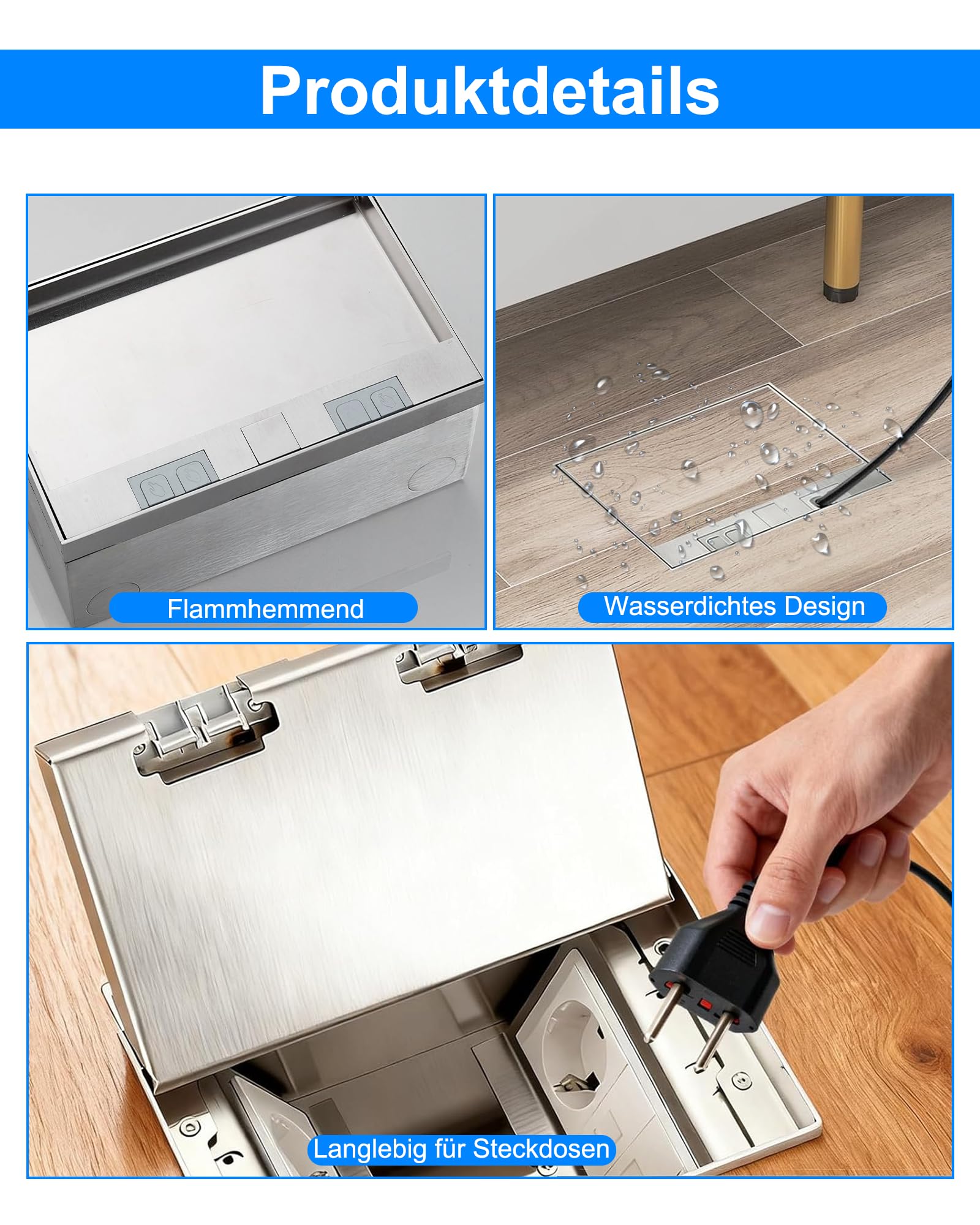 Bodentank Bodensteckdose 16A 4000W: Einbausteckdose 3 Steckdosen + 2 RJ45