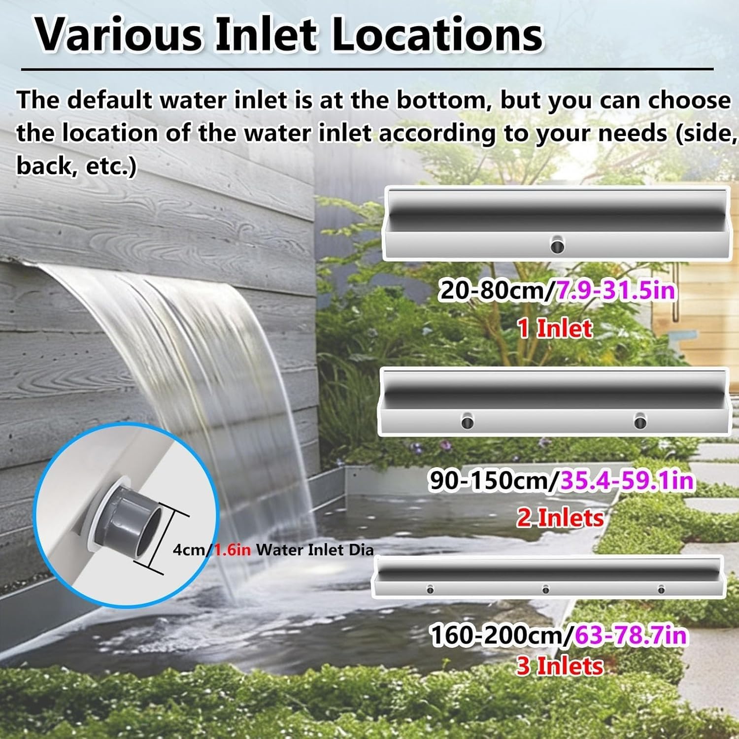 Fontana da giardino con beccuccio a cascata in acciaio inox, per stagno, piscina, patio e terrazza, lunghezza regolabile 20180 cm (80 cm)