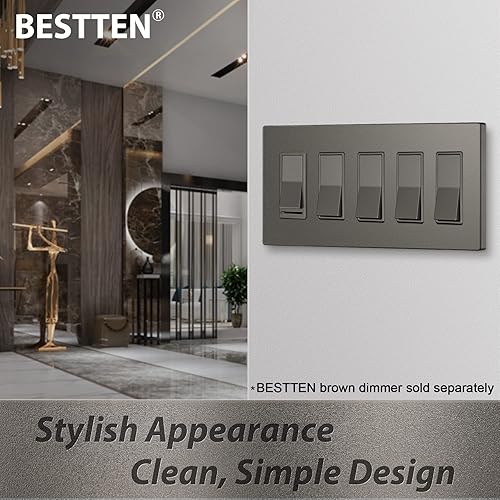 Vista 2 de BESTTEN Placa de pared de 5 bandas marrón mate sin tornillos, cubierta de salida para decoradores, Serie USWP8 de la Colección Signature, H4.69” x