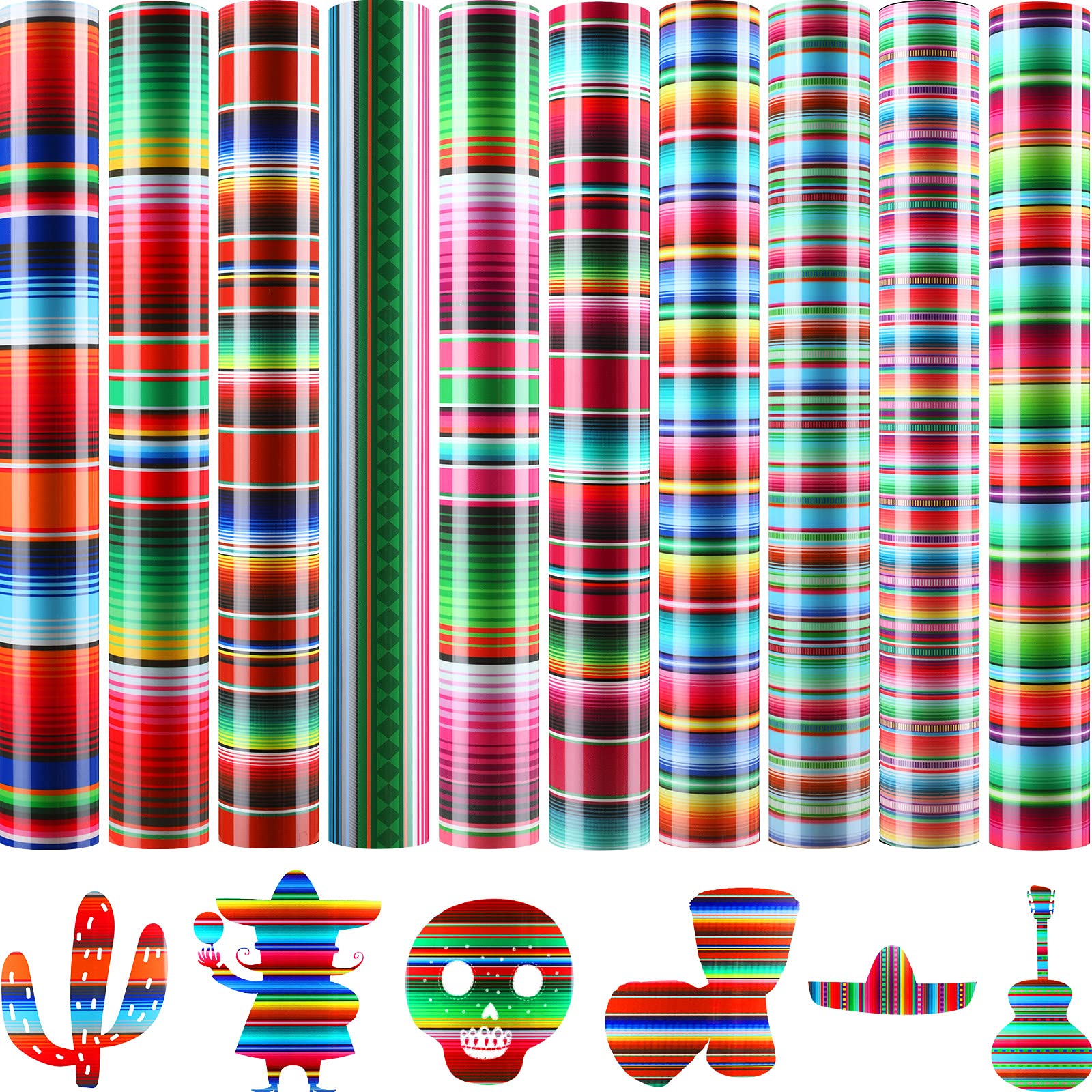Cinco De Mayo Printed Transfer Vinyls Mexican Design Heat Transfer Vinyls Serape Pattern Vinyls Striped Vinyl Sheets for Mexican Fiesta Theme Party, 9.84 x 11.81 Inch (Classic Colors,10 Pieces)