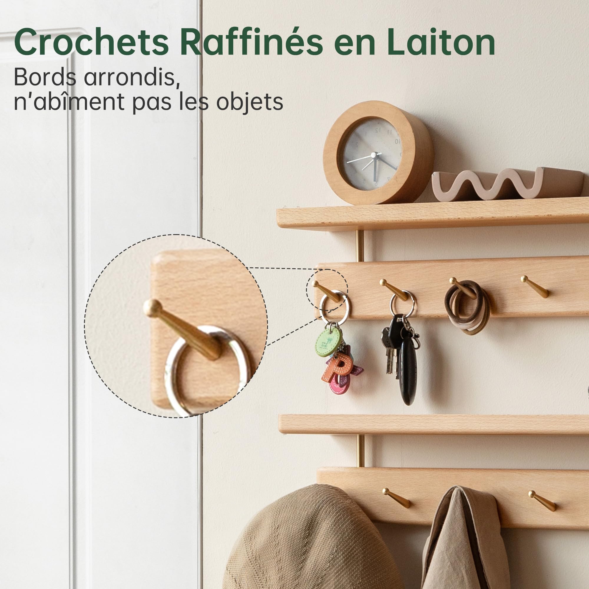 YESWOOD Porte Manteau Mural en Hêtre Massif, 7 Crohets en Laiton, Porte Clé Mural avec Étagère, Patère Mural pour Vêtements, Chapeaux, Serviettes, Hêtre Naturel