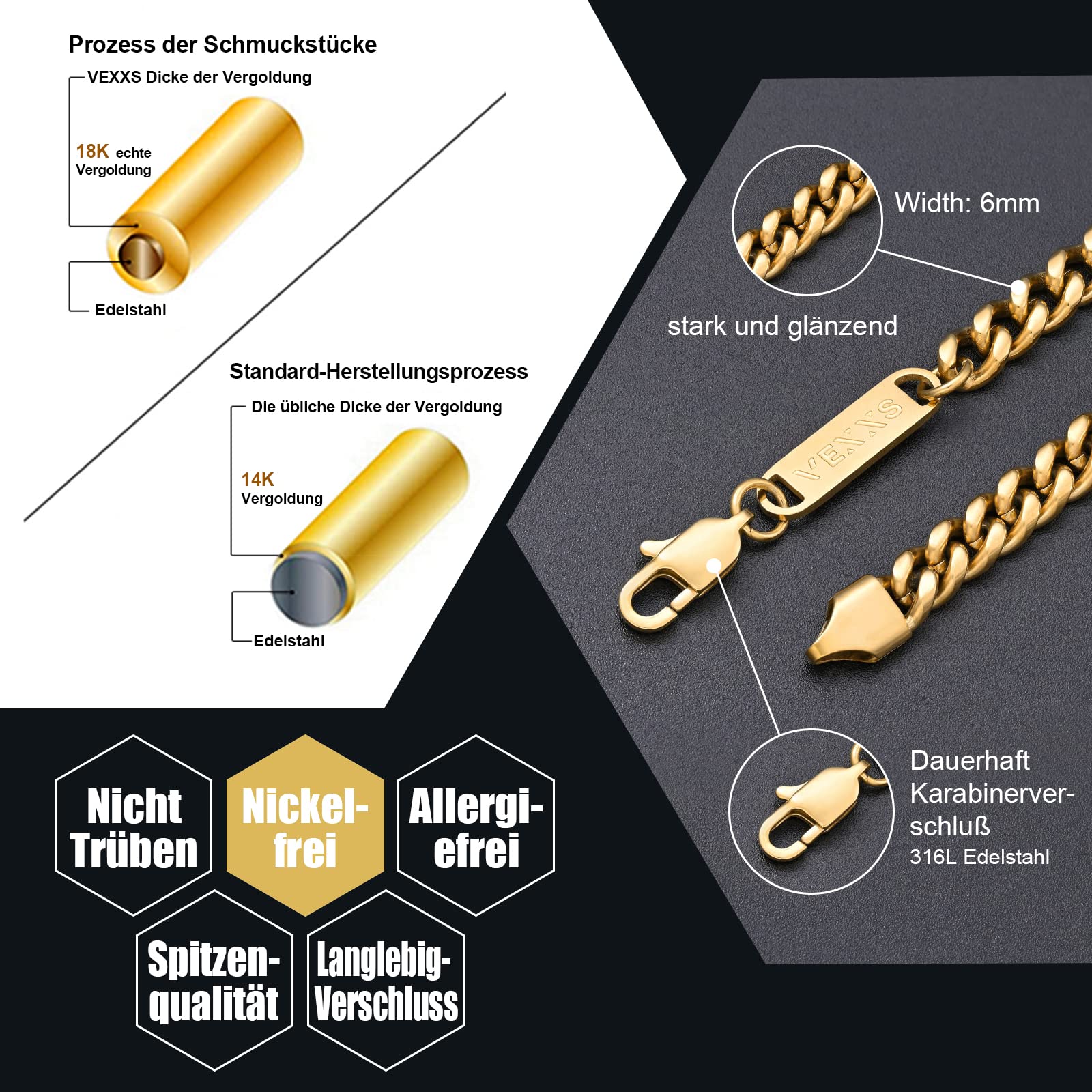 VEXXS 18K Gold beschichtet Cuban Halskette Panzerkette Miami Kubanische Gliederkette Herren Nickelfrei