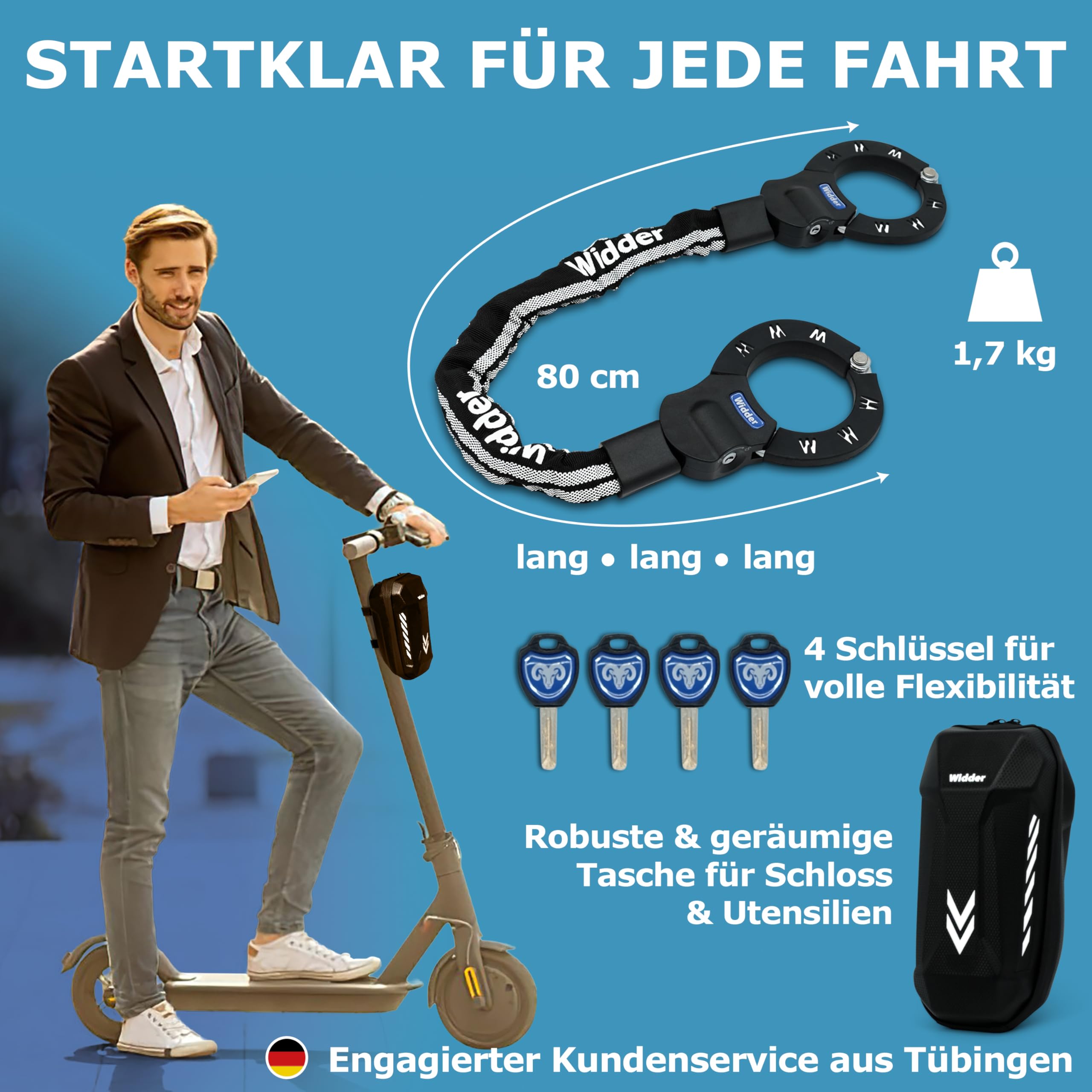 WIDDER Sicheres Handschellenschloss [80cm lang, 4 Schlüssel, 8mm Massiv Stahl] E Scooter Schloss mit Tasche – Handschellen Schloss für e Roller & Fahrrad - Fahrradschloss, e-scooter & e bike lock