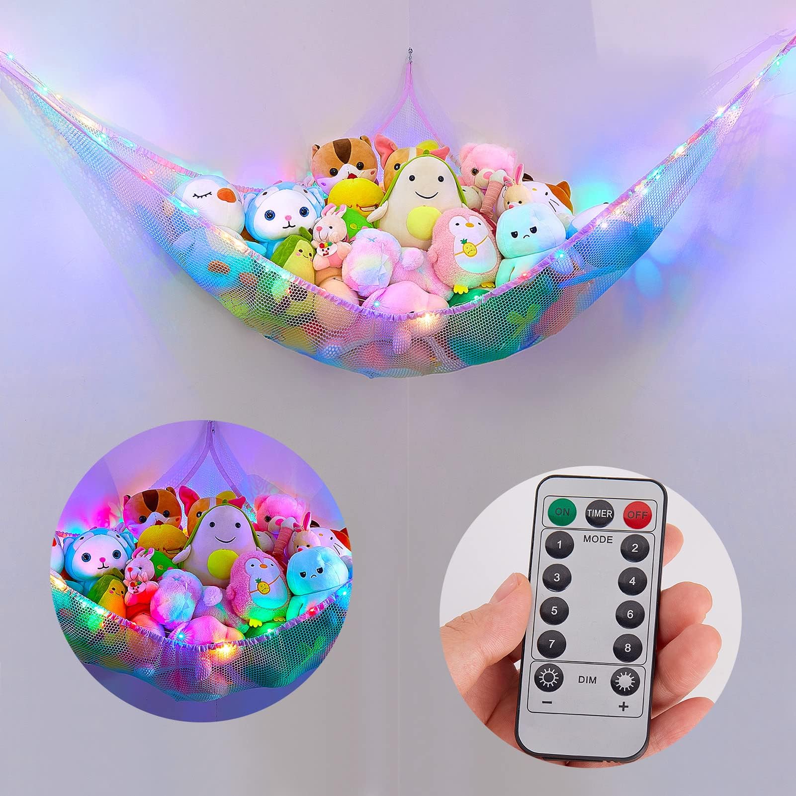 Basumee Stuffed Animals Net or Hammock with LED Light Hanging Toy Net Hammock for Stuffed Animals Storage Stuff Animals Hammocks for Nursery Kids Room with Remote Control, 8 Kinds of Lights(Pack of 1)
