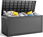 100 Gallon Resin Deck Box, Lockable Patio Outdoor Storage Box for Furniture, Garden Tools and Tools Storage, Waterproof Outside Storage Boxes - Black