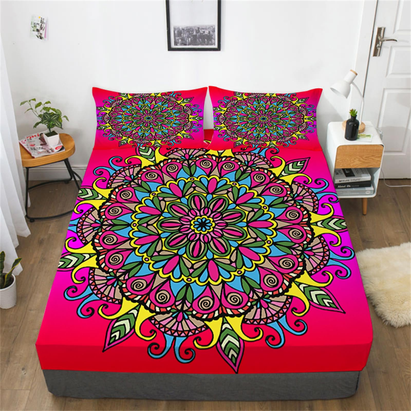 Red Pattern Small Double Fitted Sheet Bohemian Bed Sheets Deep Pocket 12 inch (30 cm) Soft Cozy 3 Piece Microfibre Bed Sheet 120x190 cm with 2 Pillowcases 50x75 cm