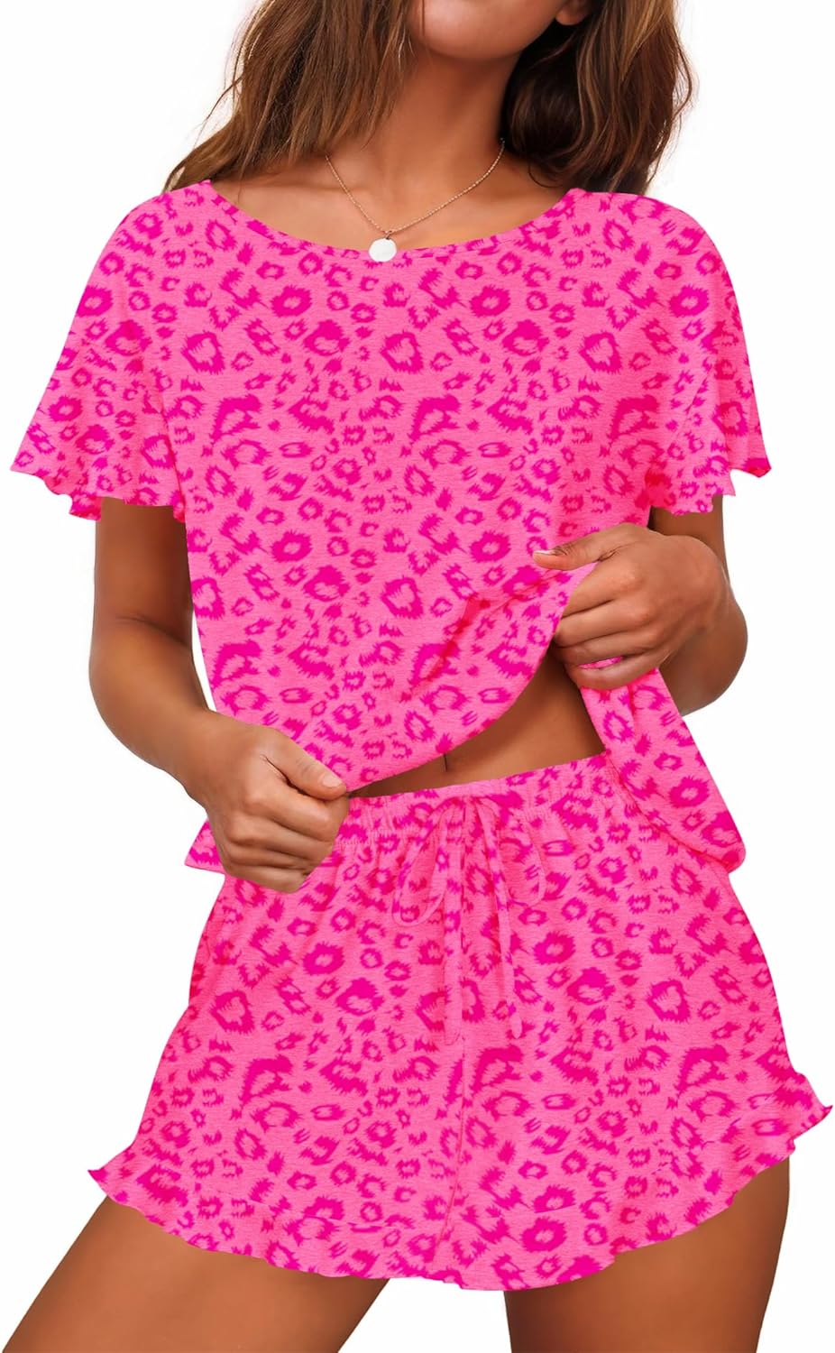 Ekouaer Women's Pajama Set Ruffle Sleeves Top and Short Soft 2 Piece Loungewear Set