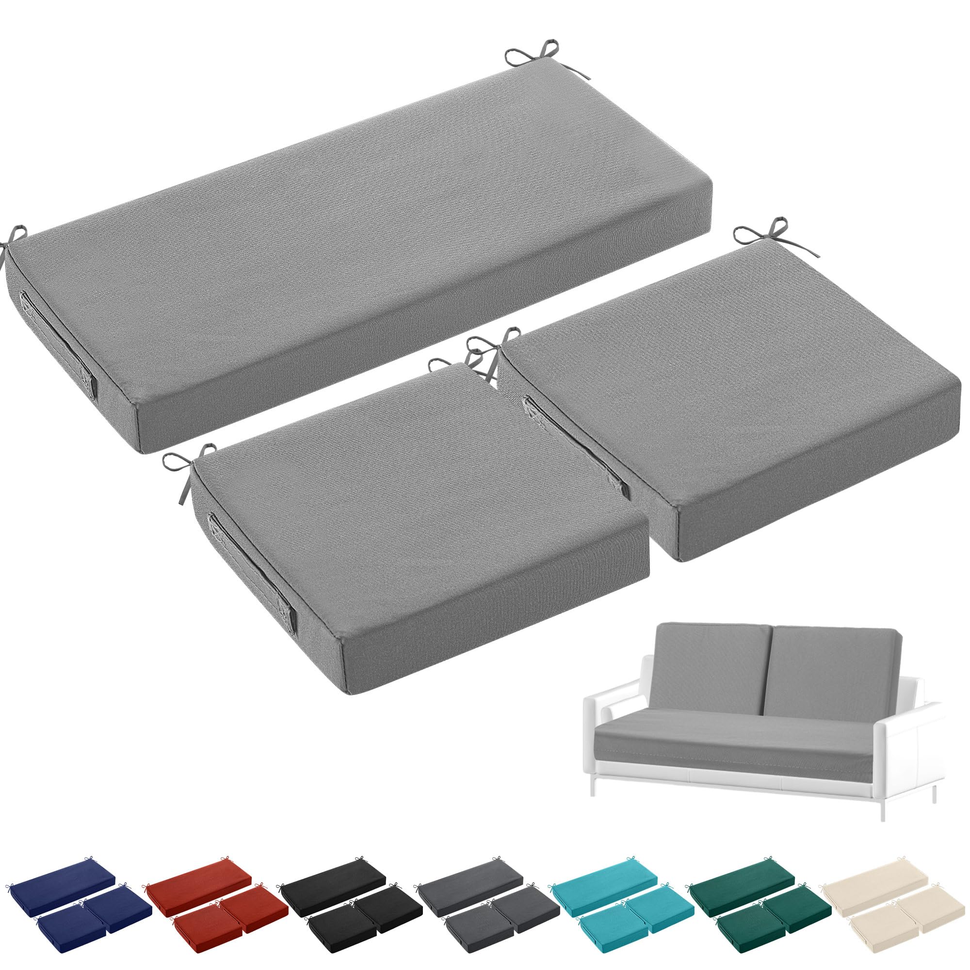 Leinuosen 3 Pcs Outdoor Chair Cushions Set 44 x 19 Inch Loveseat Waterproof Patio Furniture Love Seat Pad Cushions with Ties for Square Settee Indoor Sofa Wicker Couch Bench(Light Gray)