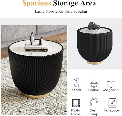 Miniatura 3 de Mesa auxiliar redonda moderna, mesa auxiliar de sofá de mármol sintético con base cubierta de cuero sintético en forma de cuenco, mesa auxiliar