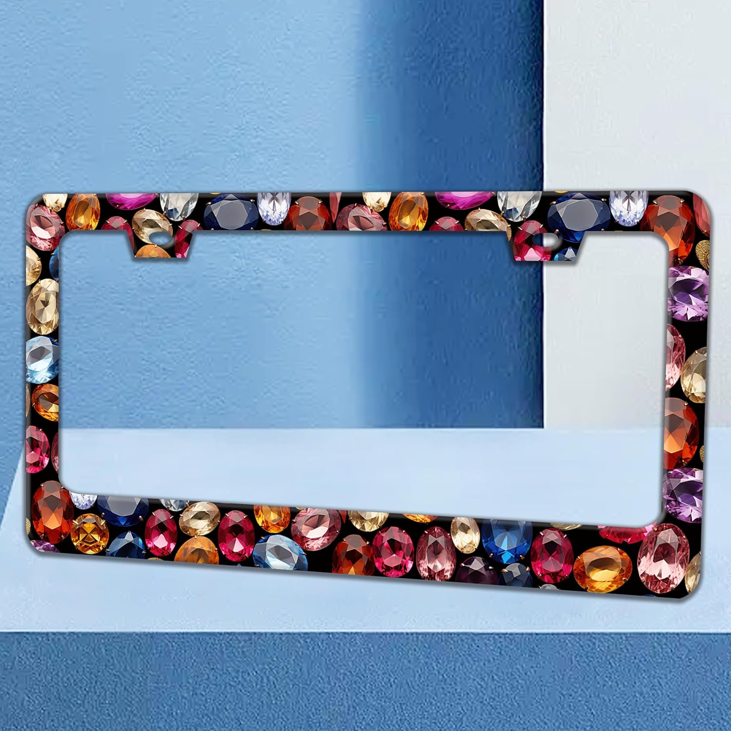 Beautiful Gemstone Pattern License Plate Frame Bling License Plate Holders Funny Stainless Steel Auto Accessory Bracket 2 Hole With Screws Universal Us Car License Plate Frames 6x12 Inch For Women Men - Image 2