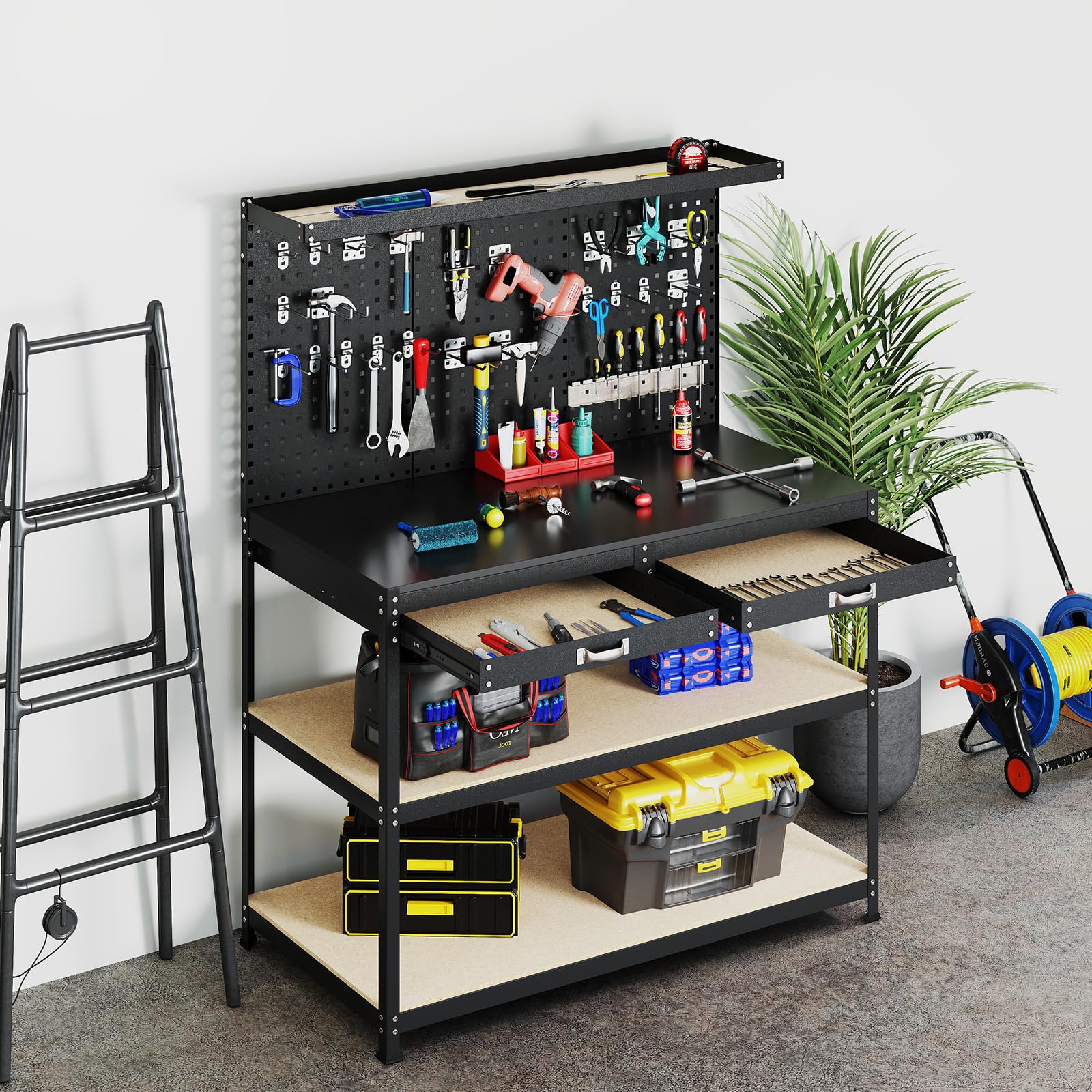 SOARS Werkbank mit Lochwänden, Werkzeugbank Metall mit 3 offenen Regalen & Zubehörteilen zum Aufhängen für Garage, Werkstatt (Schwarz, 121 x 61 x 156 cm)