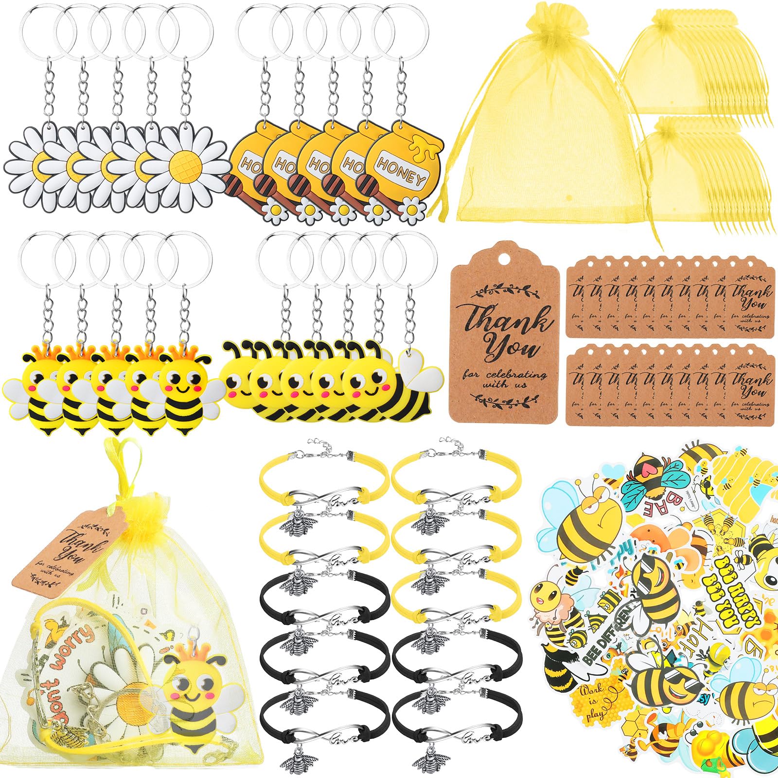 Tuanse 130 Pcs Bee Party Favors Including Bee Keychains Adjustable Bee Bracelets PVC Bee Print Stickers Thank You Kraft Tags Organza Bags for Birthday Summer Party Reward Decorations