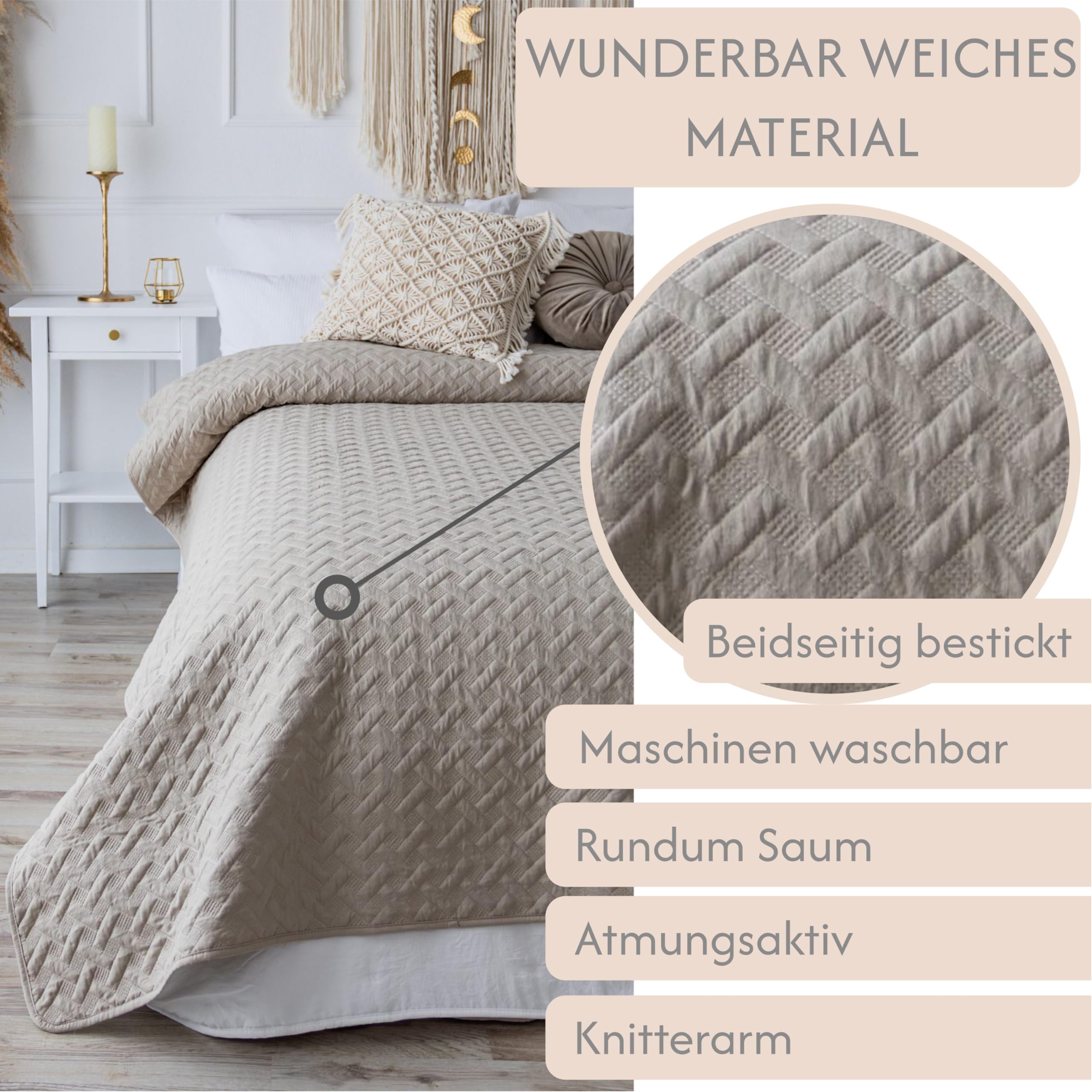 Tagesdecke 220x240 Leinenbeige Bettüberwurf Bett Überwurf Sofaüberwurf Steppdecke Sofa Decke Überwurfdecke Betthusse XXL Überdecke Gesteppte Tagesdecken gesteppt Quilt Bedspread
