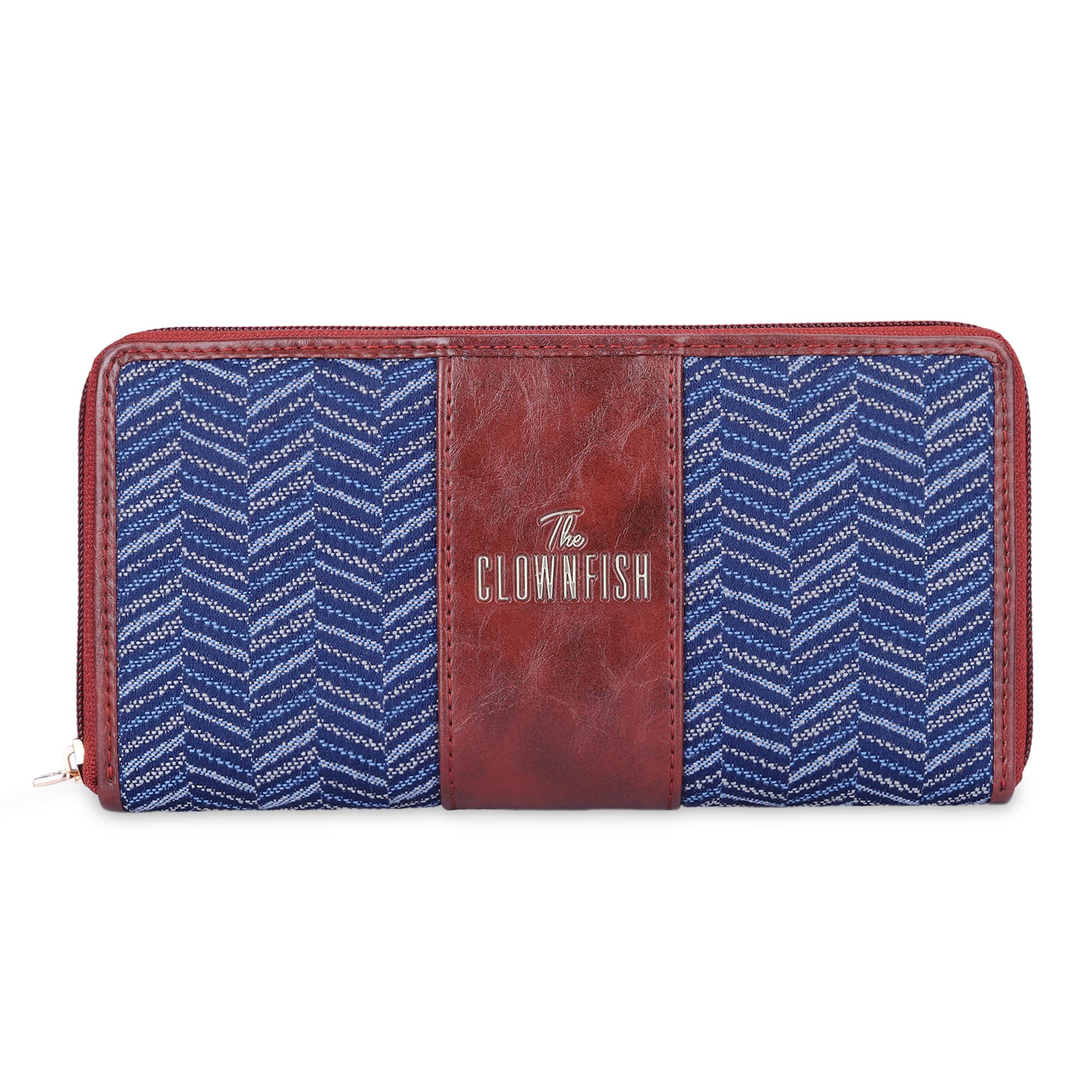 the clownfish Aria Collection Tapestry Fabric & Faux Leather Zip Around Style Womens Wallet Clutch Ladies Purse with Card Holders (Blue-Stripes)-picture-40